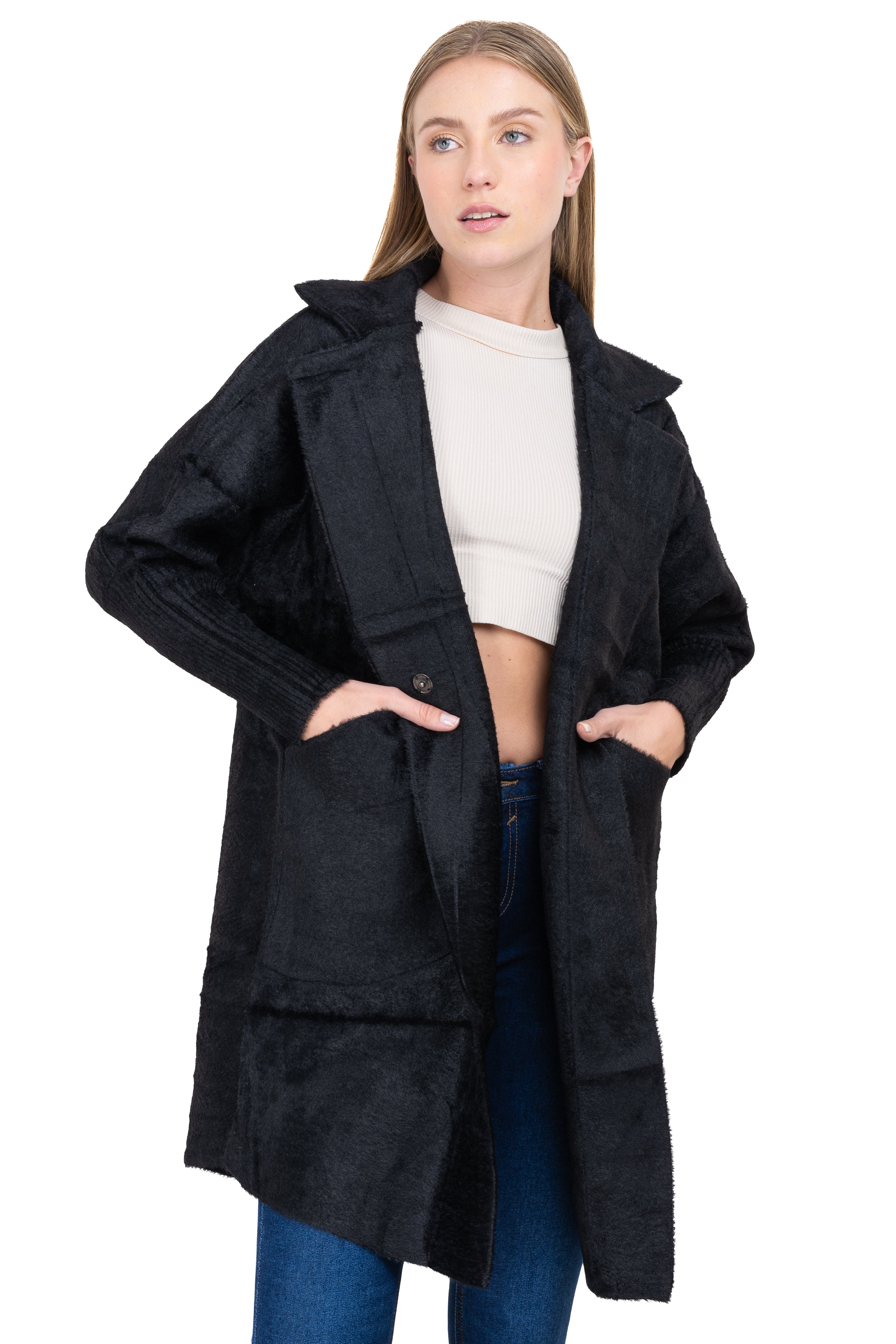 Abrigo peluche bolso maxi NEGRO