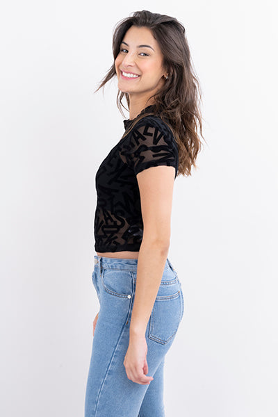 Top mesh flock letras manga larga NEGRO