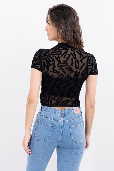 Top mesh flock letras manga larga NEGRO