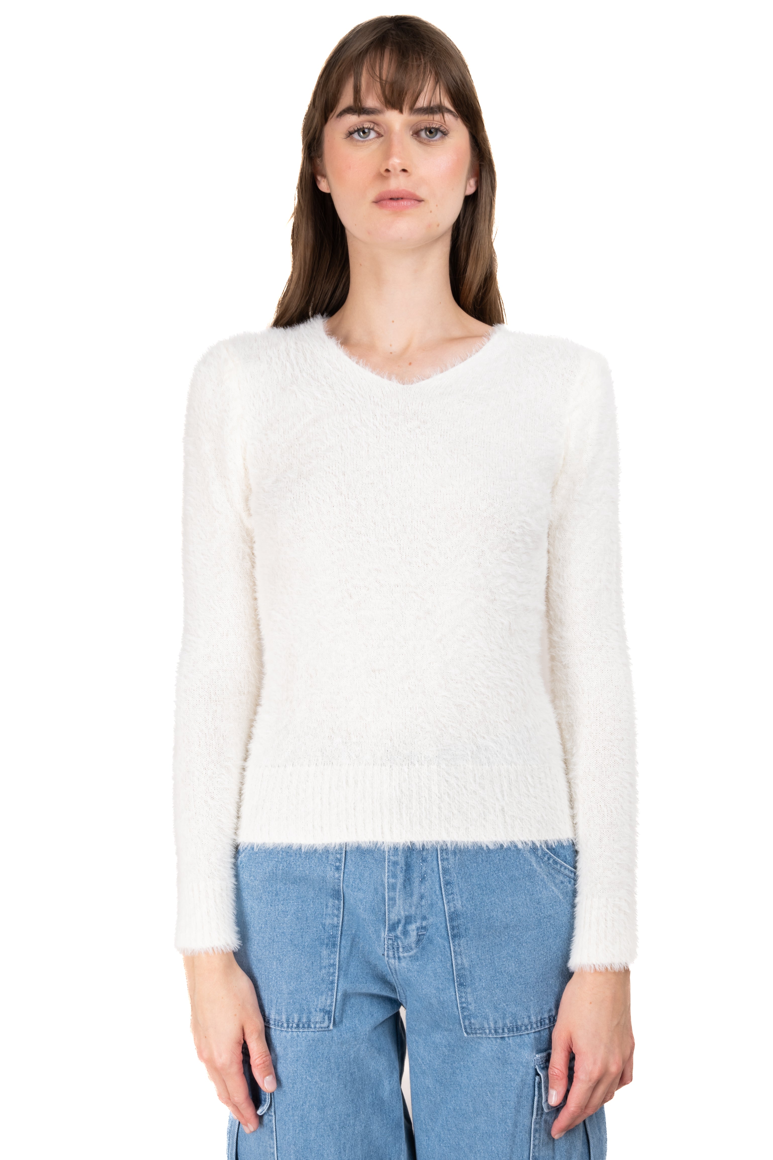 Suéter cuello v peluche BLANCO