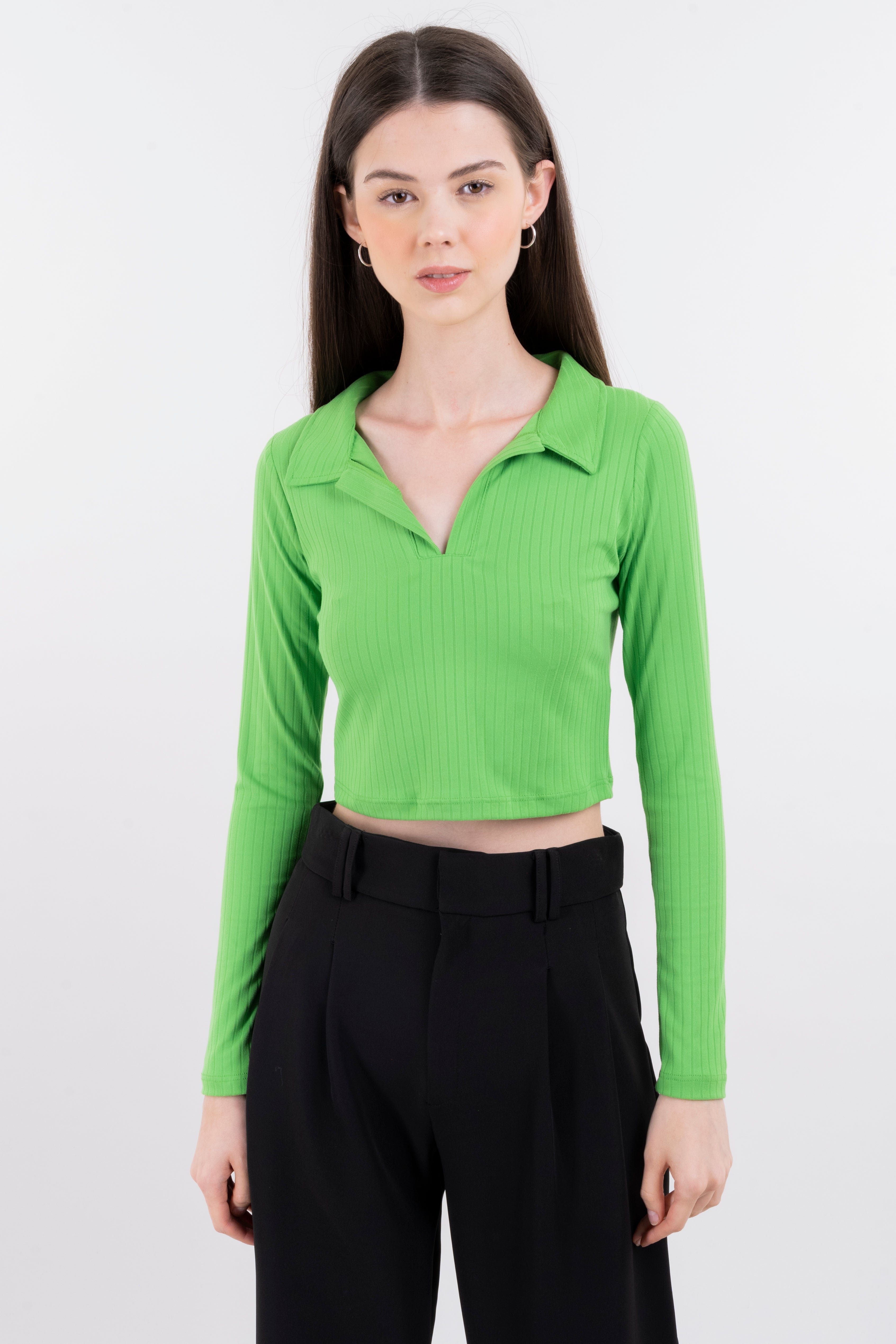Top acanalado cuello polo manga larga VERDE
