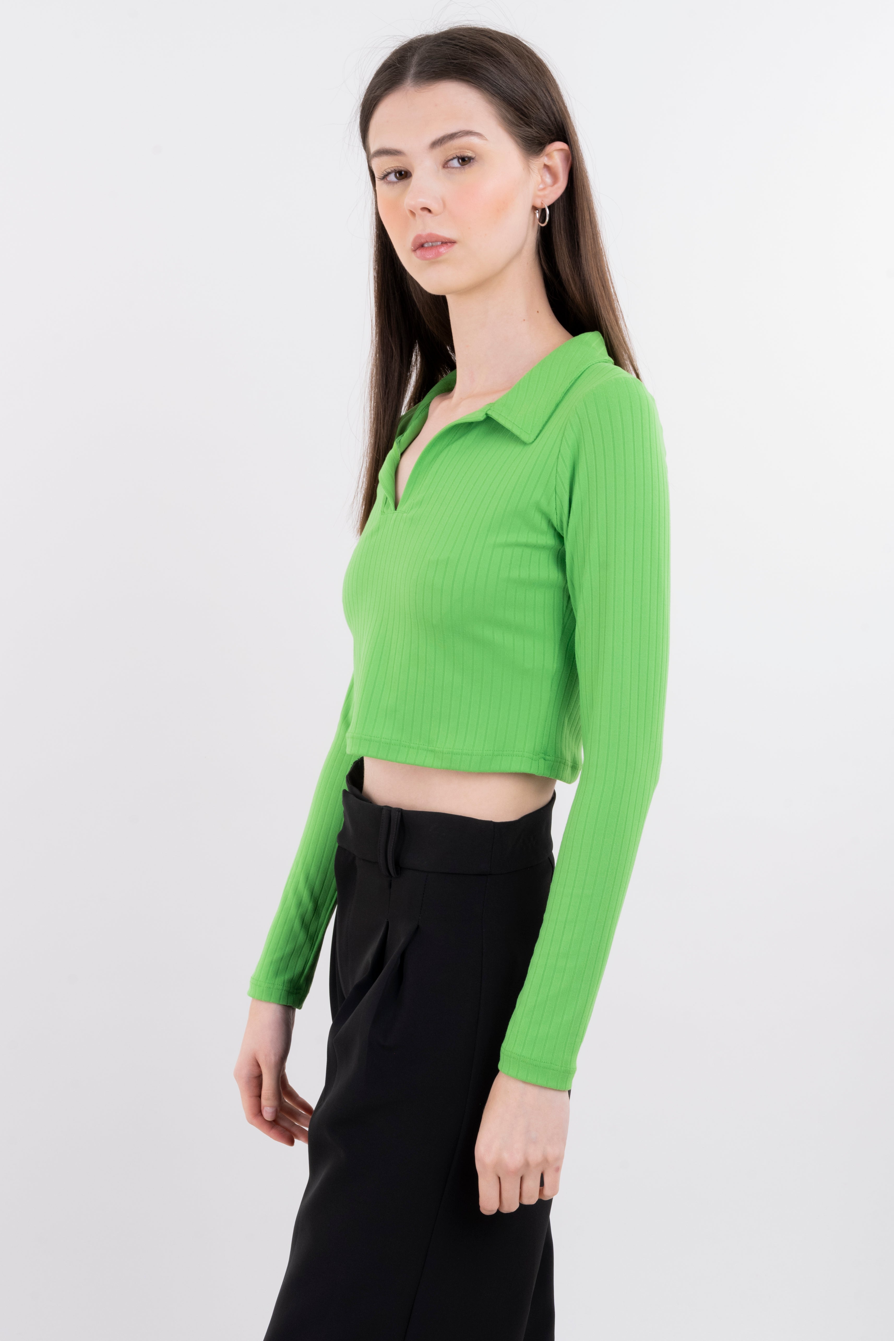 Top acanalado cuello polo manga larga VERDE