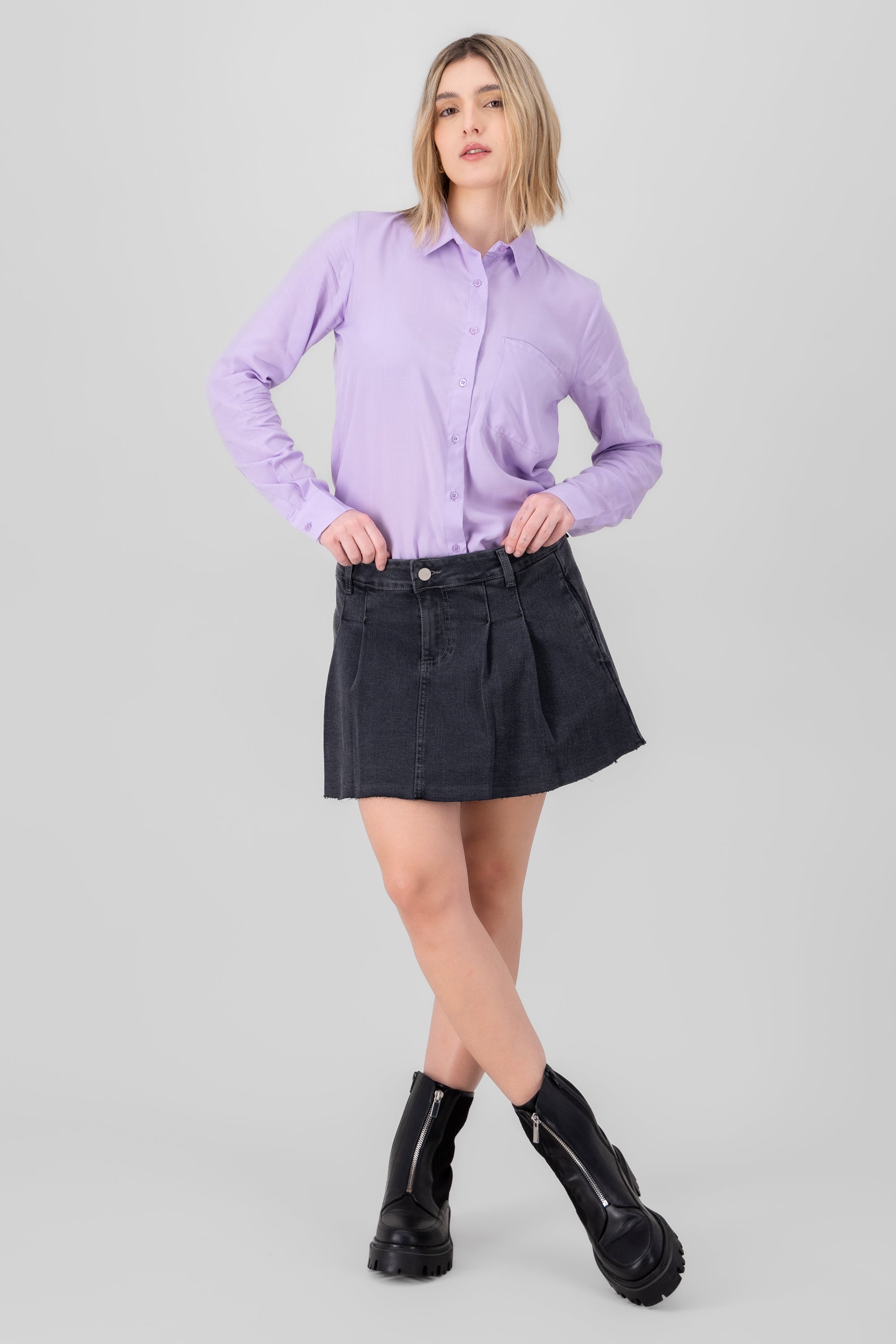 Falda mini denim tableada GRIS OBSCURO