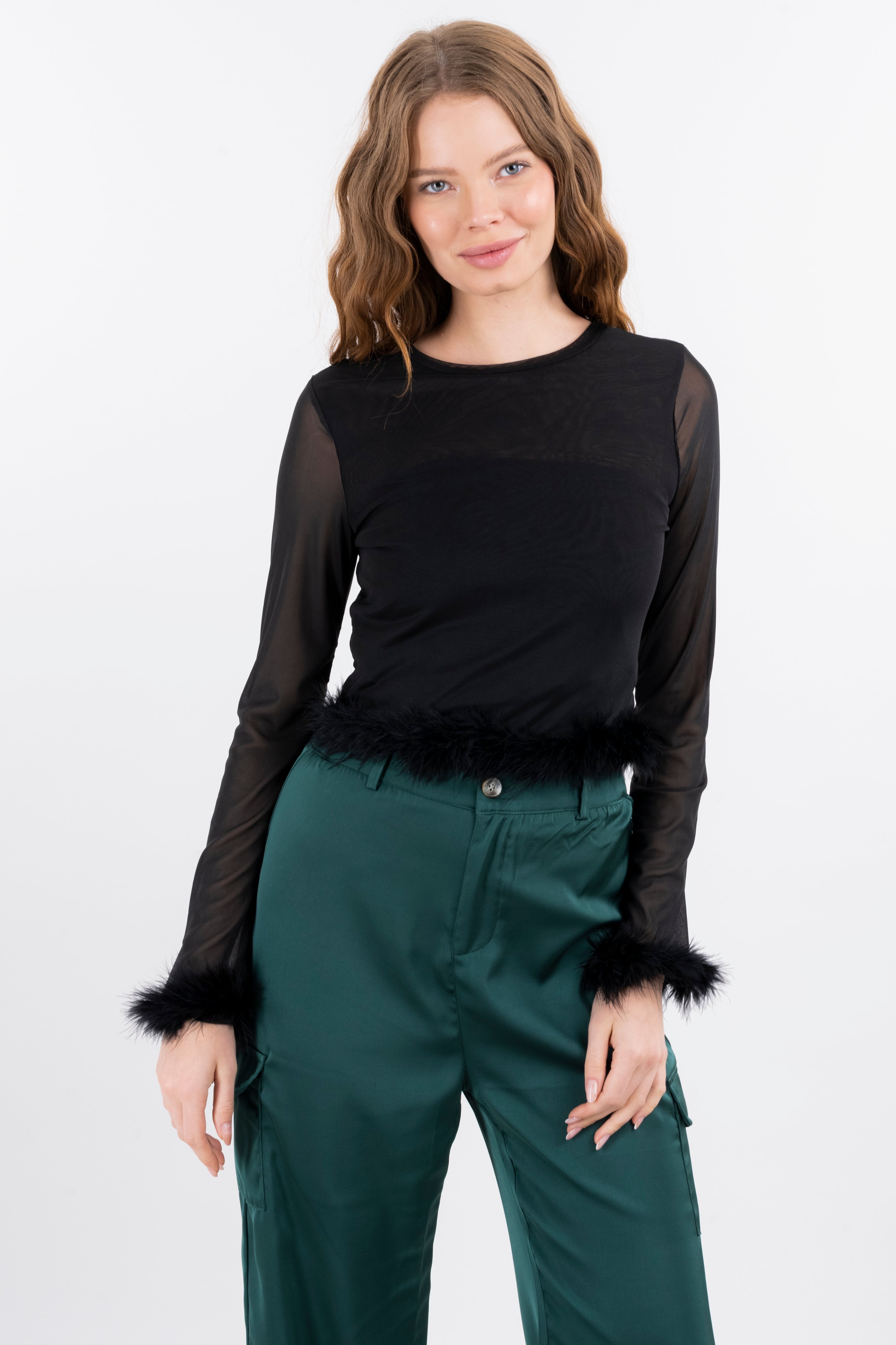 Top mesh manga larga plumas NEGRO