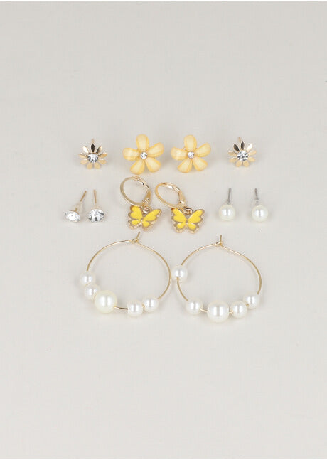 6 Pares Aretes Flor Y Mariposa MOSTAZA