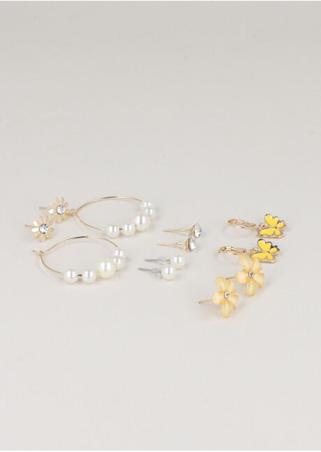 6 Pares Aretes Flor Y Mariposa MOSTAZA