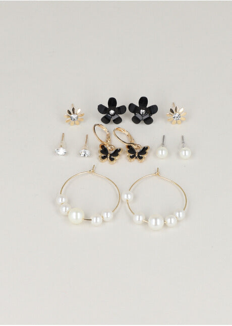6 Pares Aretes Flor Y Mariposa NEGRO