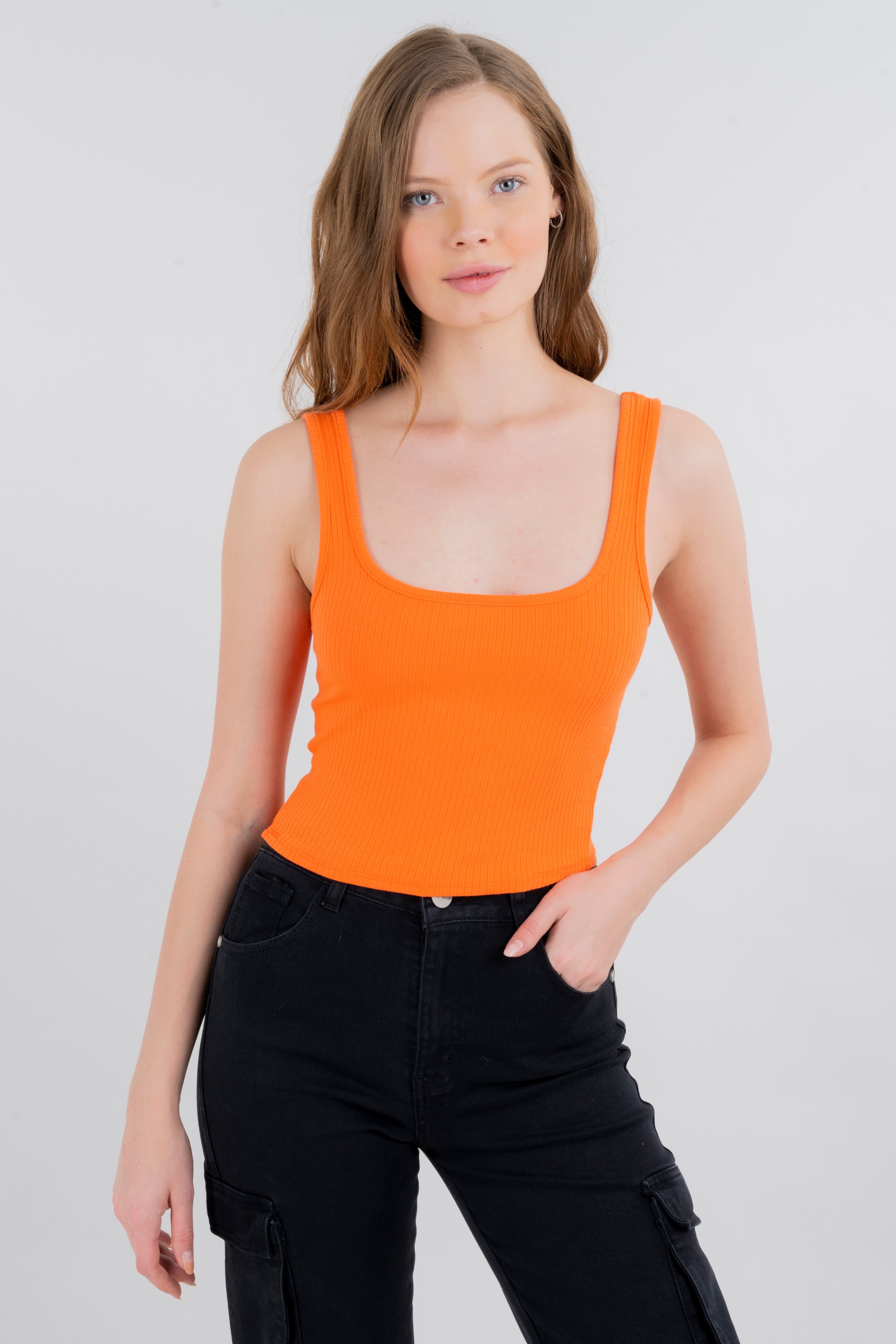 Top acanalado cuello recto NARANJA