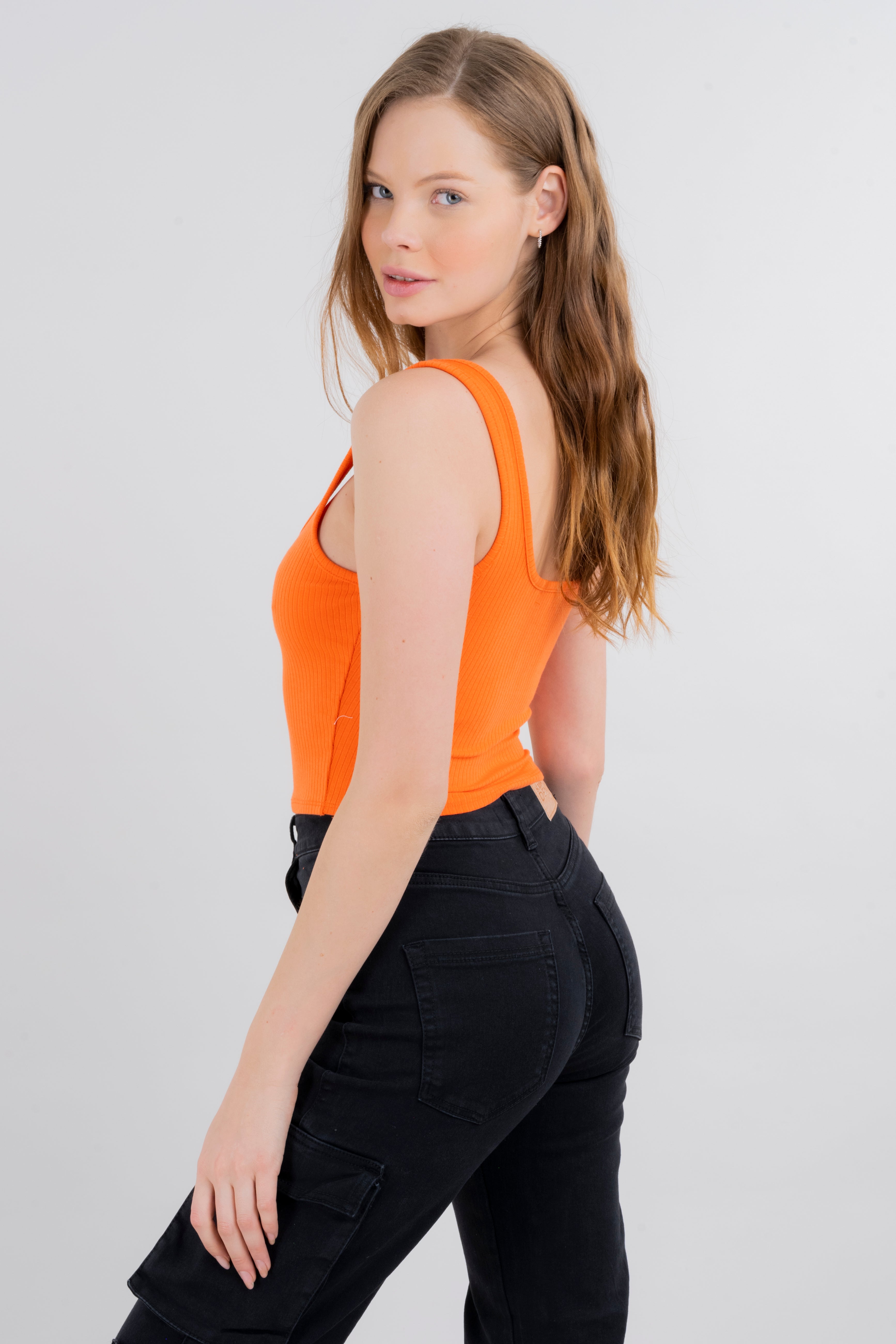 Top acanalado cuello recto NARANJA