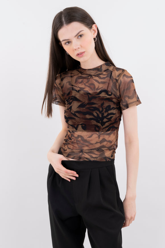Top mesh animal print cuello
