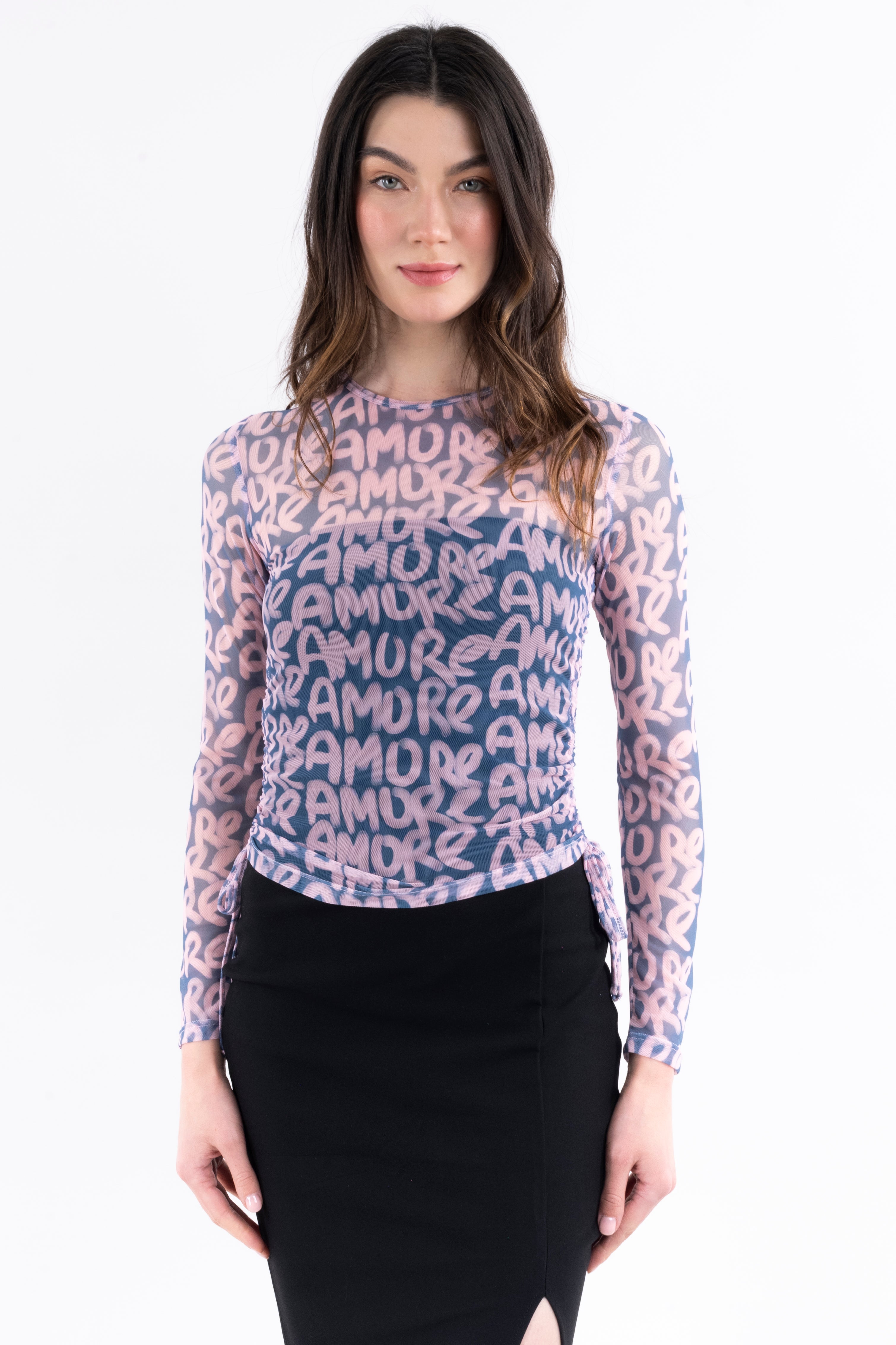 Top mesh fruncido estampado ROSA COMBO
