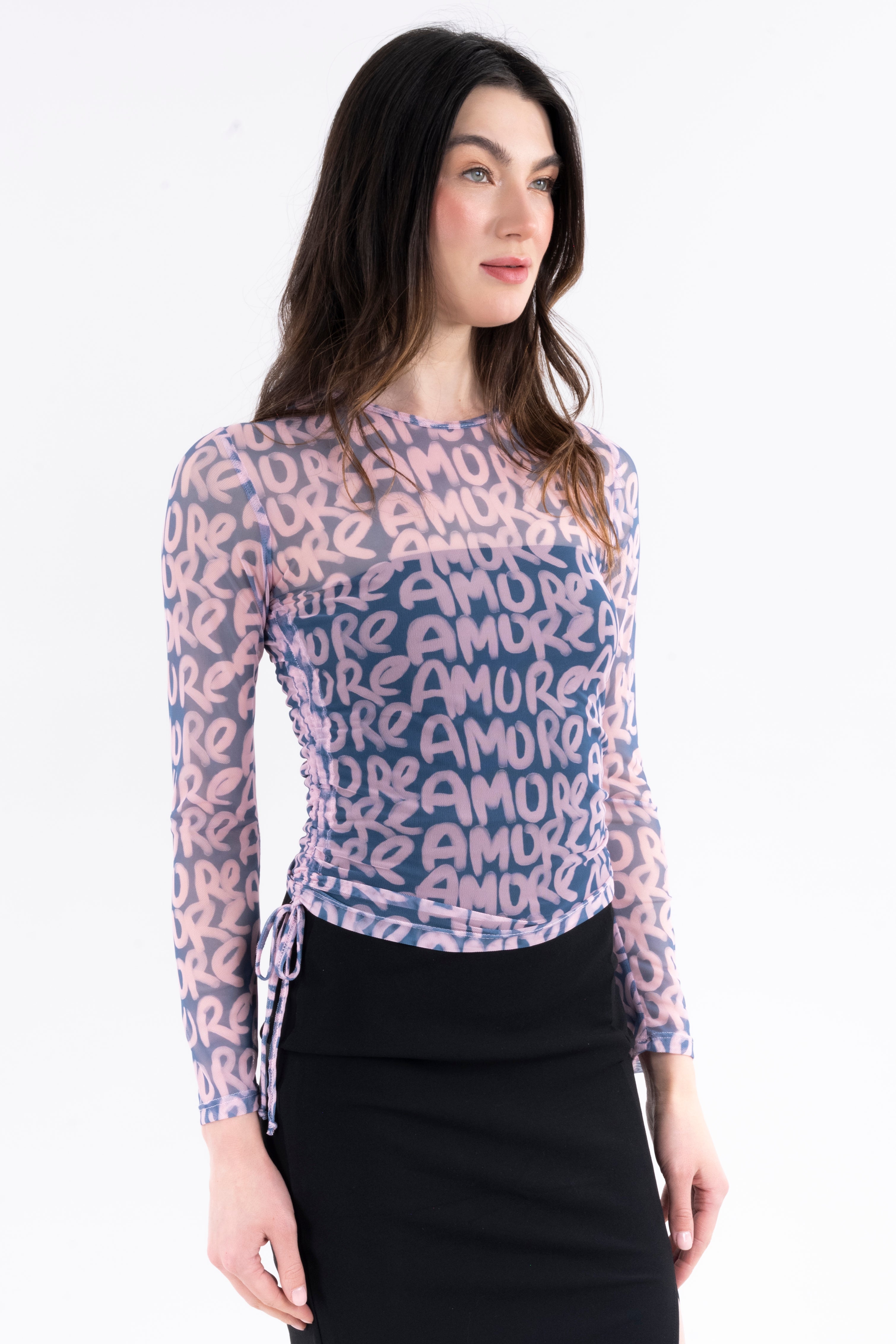 Top mesh fruncido estampado ROSA COMBO