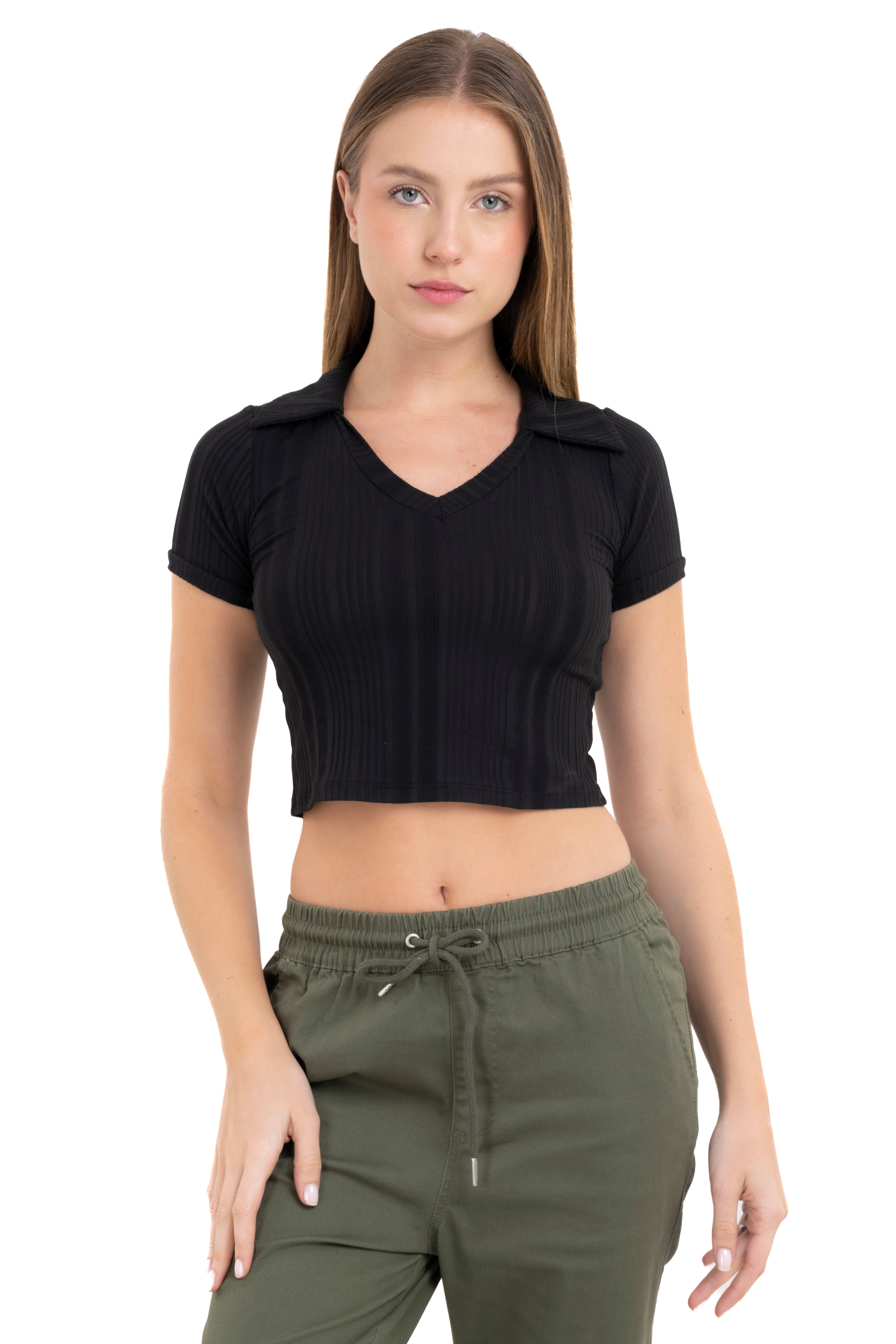 Top liso cuello solapa textura NEGRO