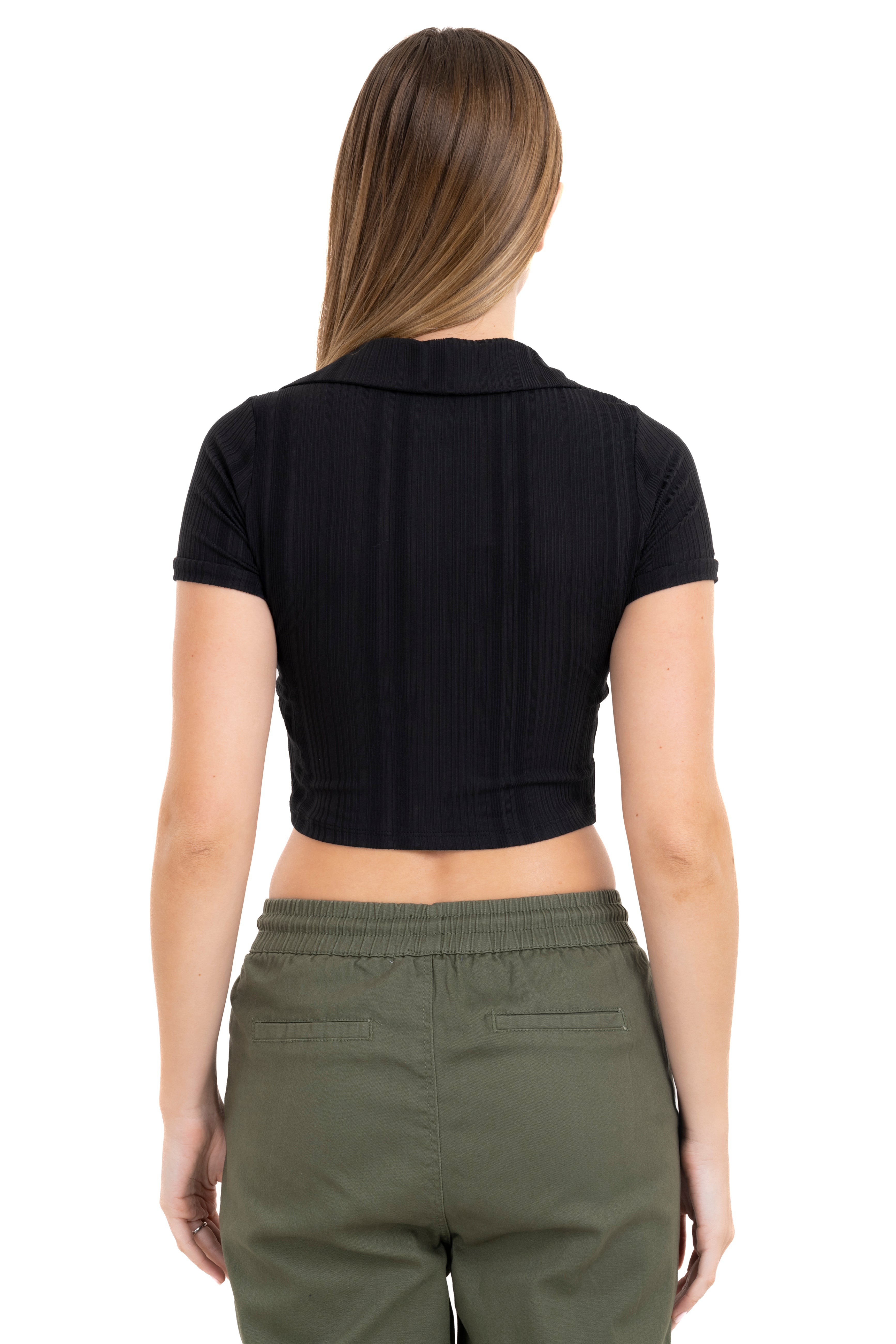 Top liso cuello solapa textura NEGRO