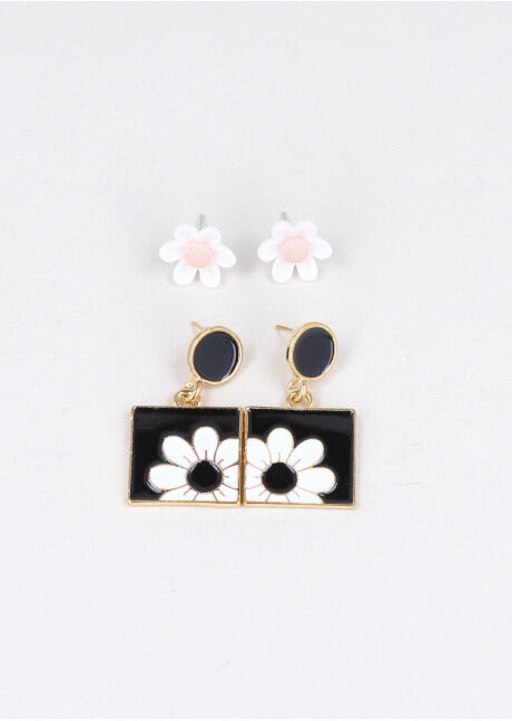 2 Pr Aretes Cuadro Flor NEGRO