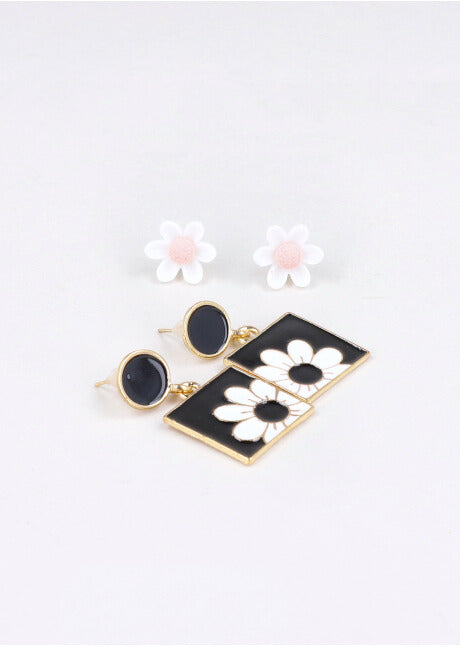 2 Pr Aretes Cuadro Flor NEGRO