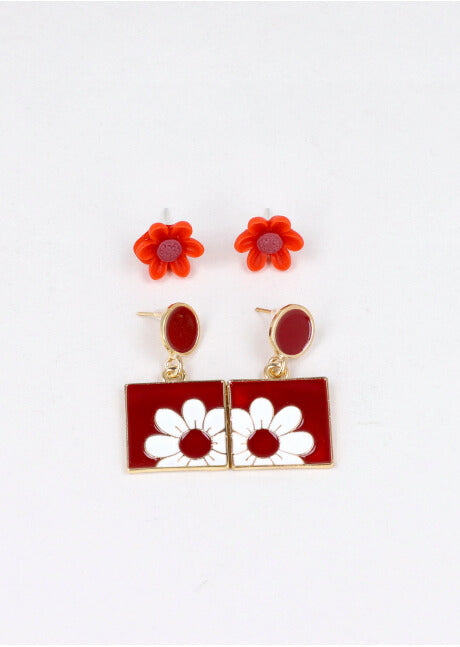 2 Pr Aretes Cuadro Flor VINO