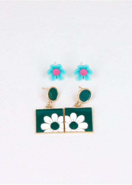 2 Pr Aretes Cuadro Flor VERDE