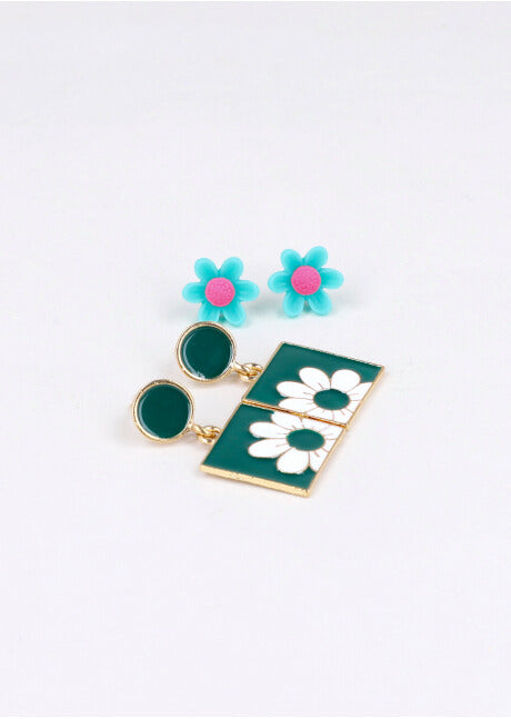 2 Pr Aretes Cuadro Flor VERDE