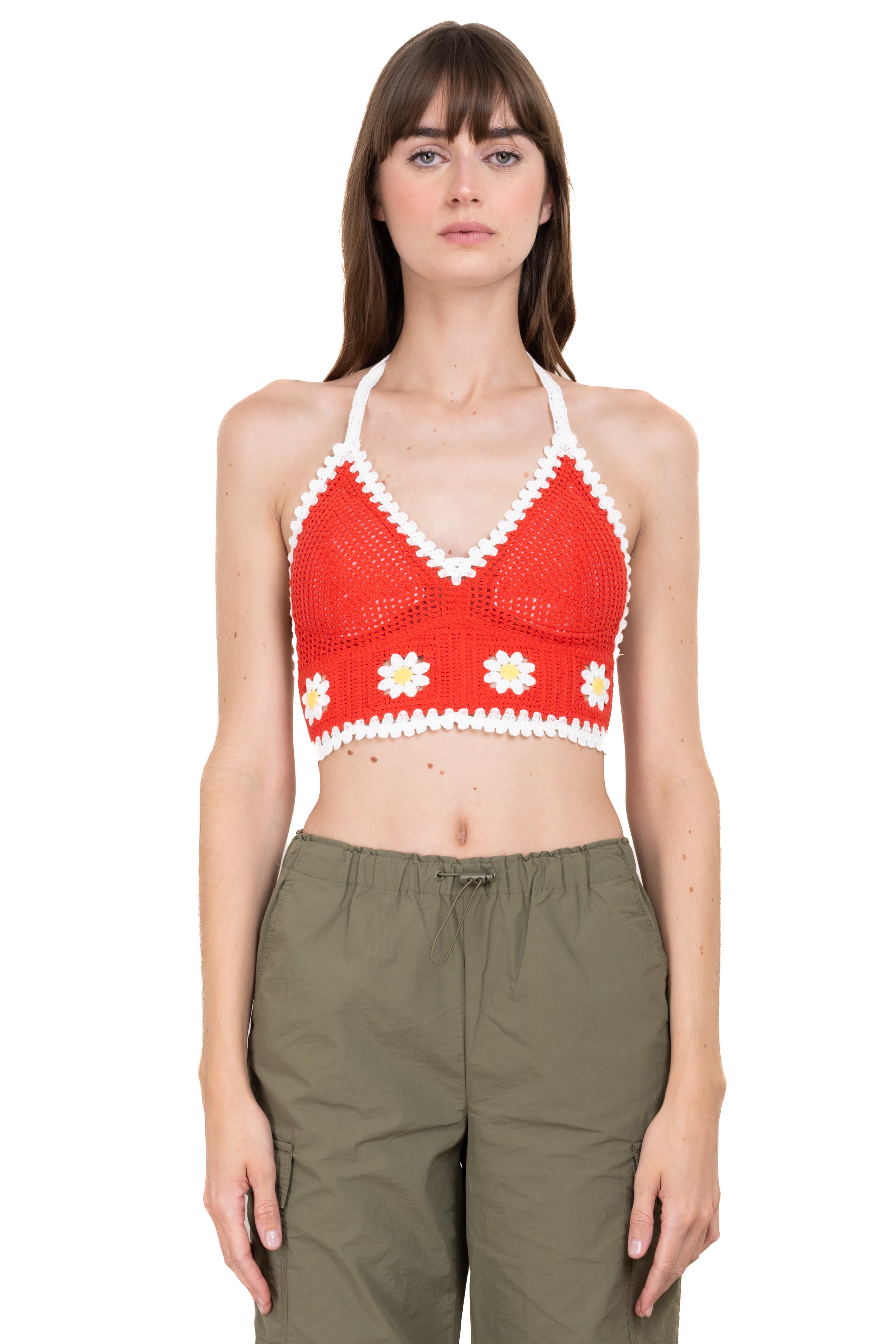 Top crop crochet flores ROJO