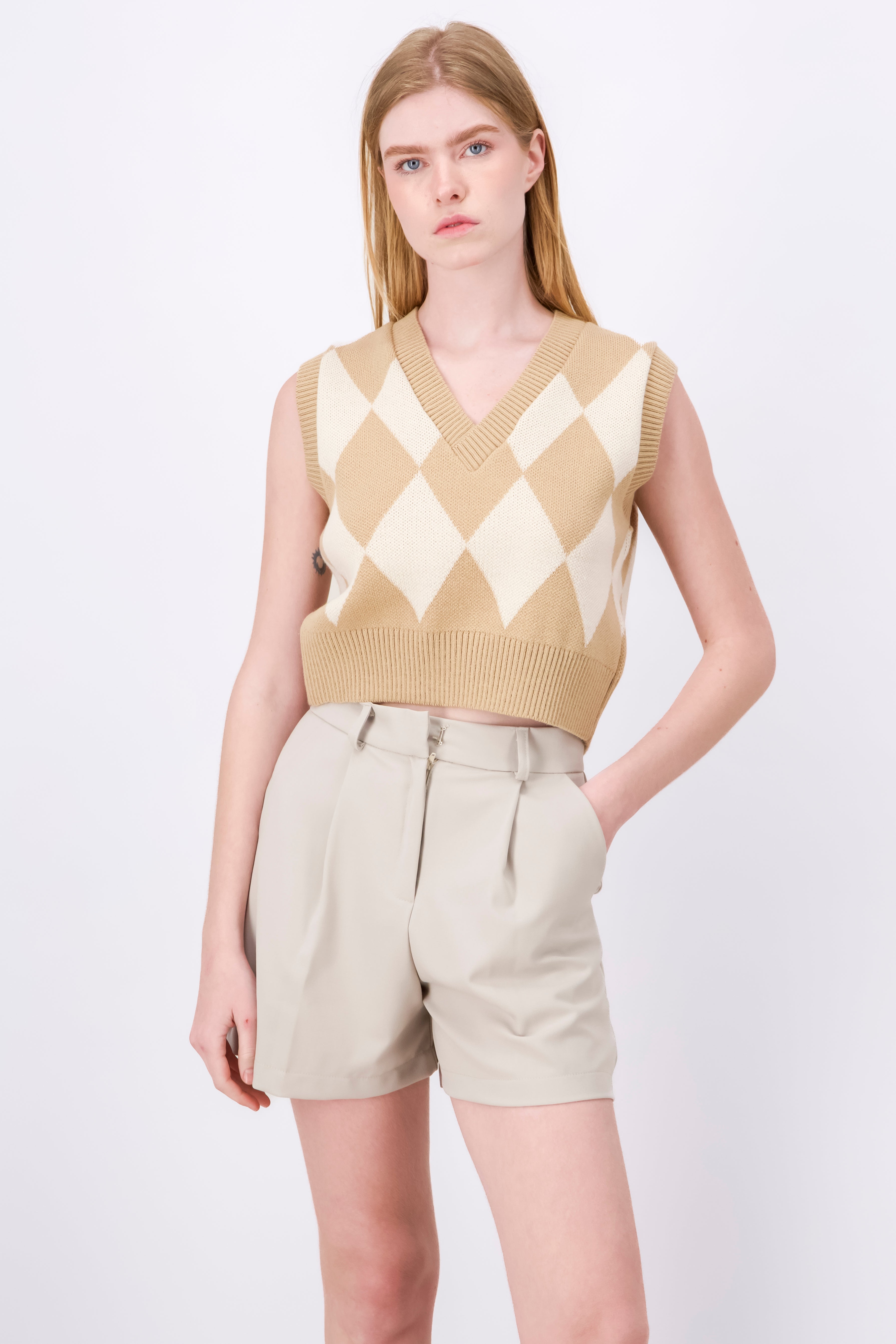Chaleco corto tejido rombos BEIGE