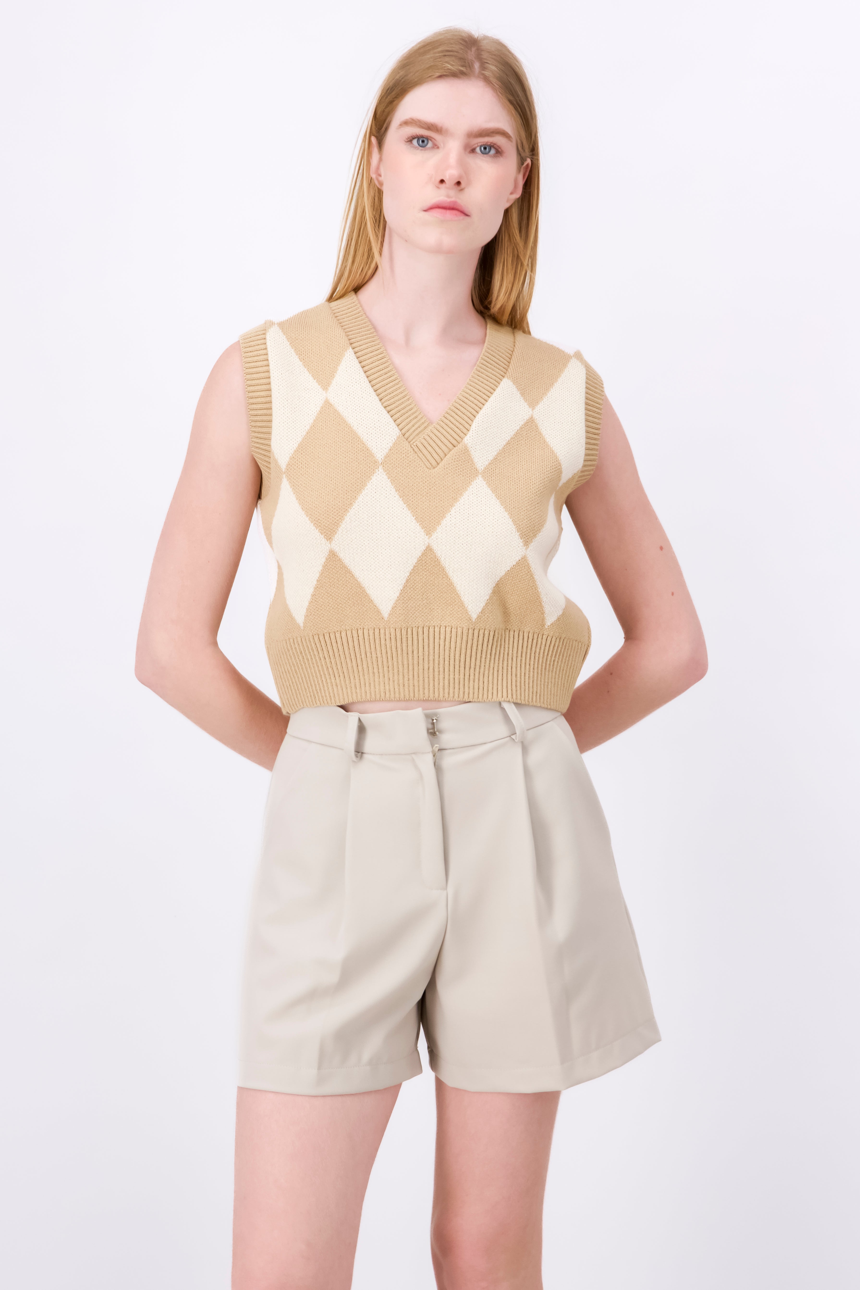 Chaleco corto tejido rombos BEIGE