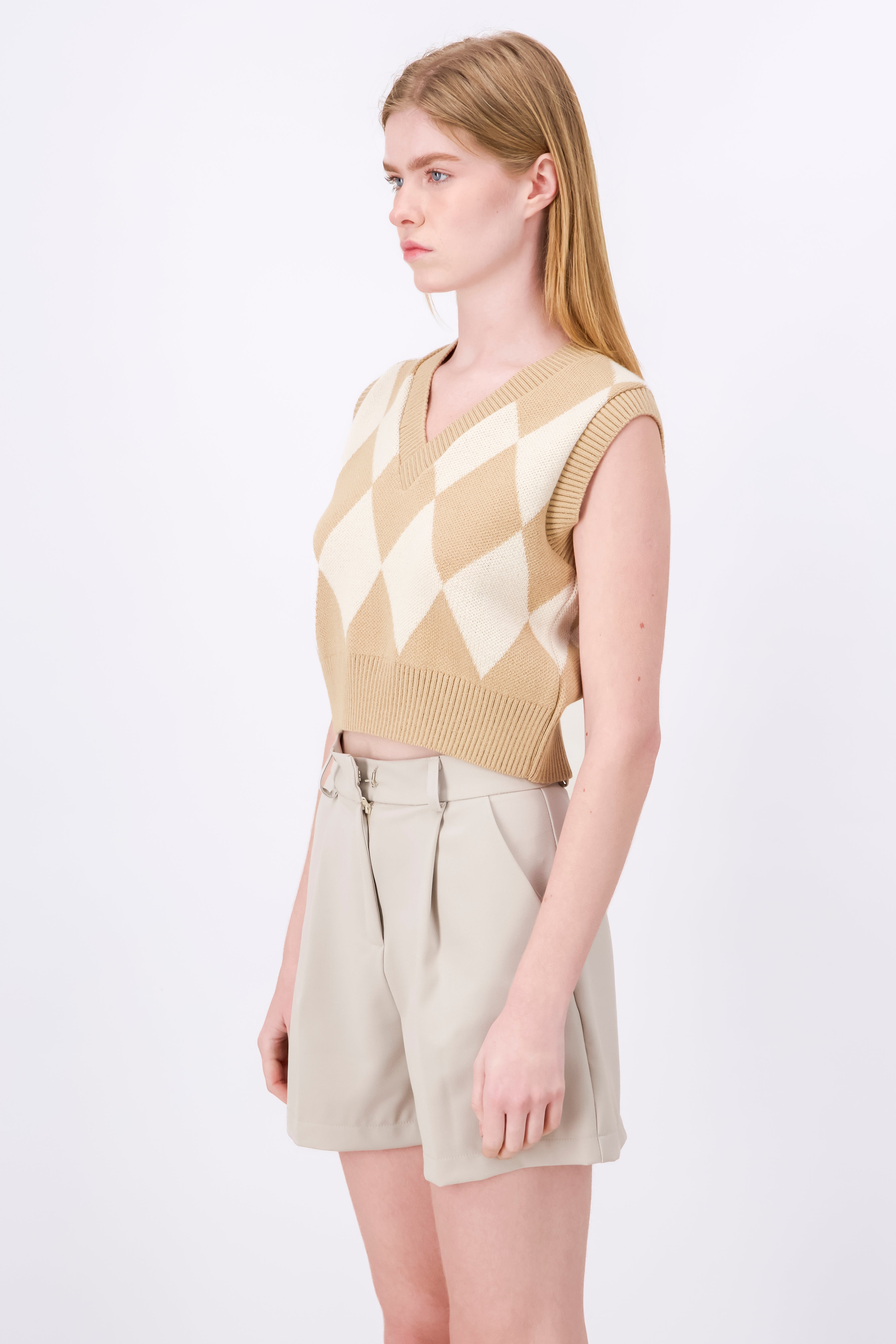 Chaleco corto tejido rombos BEIGE