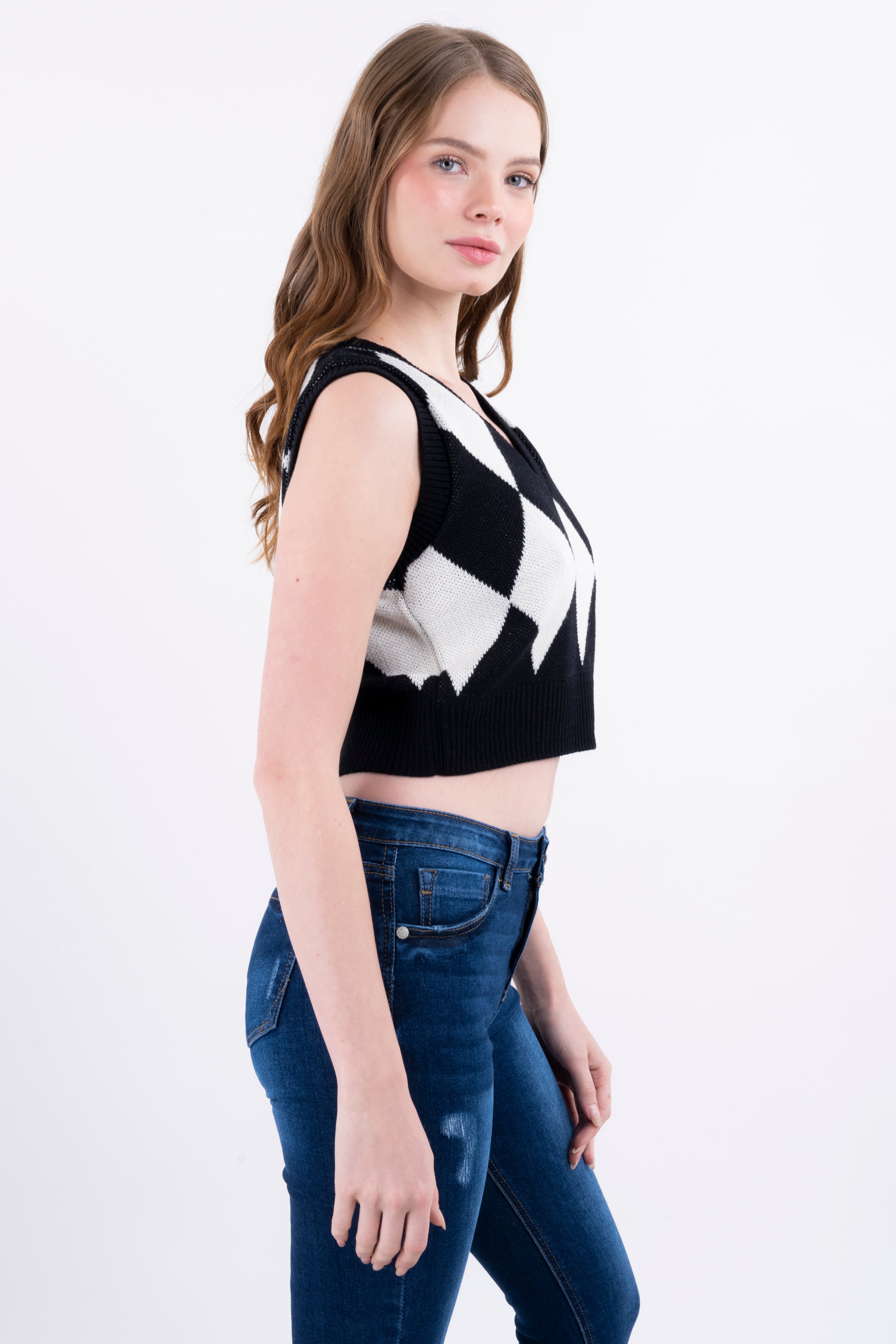 Chaleco corto tejido rombos NEGRO BLANCO