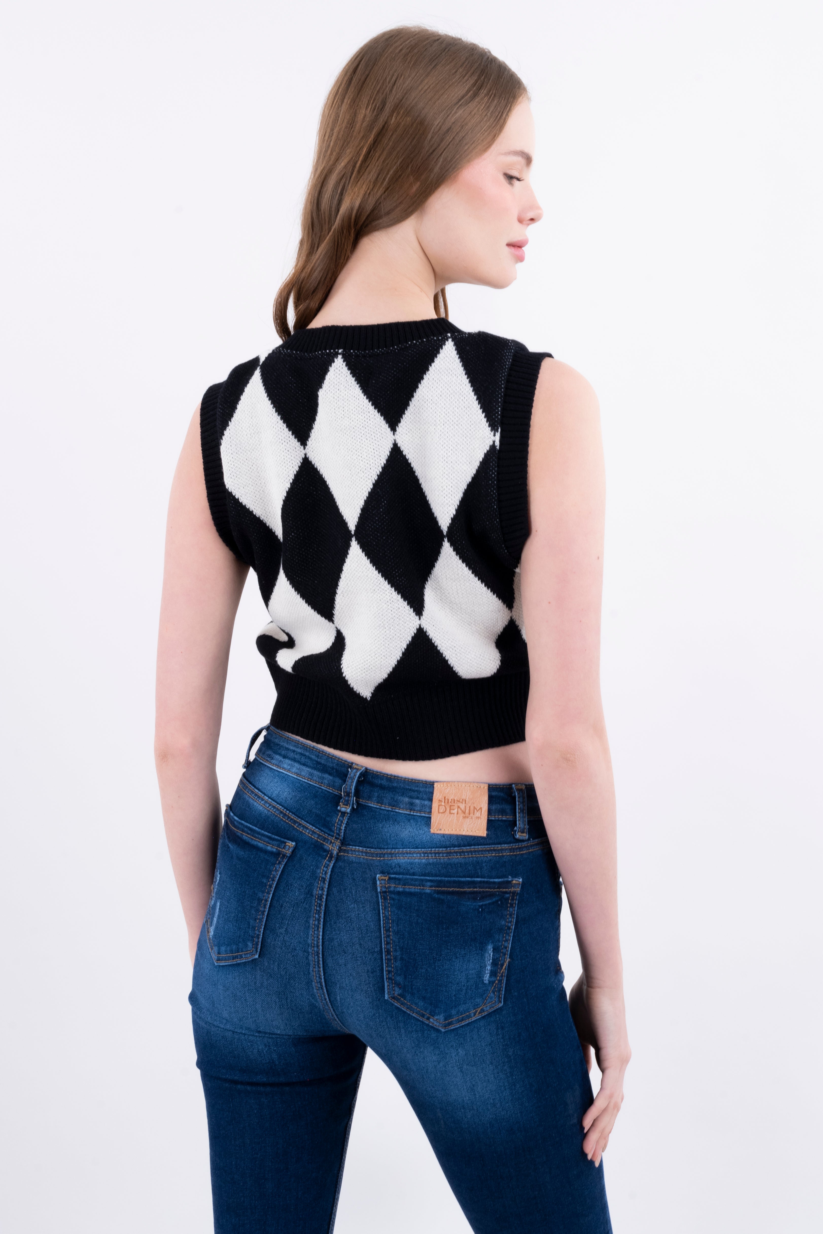 Chaleco corto tejido rombos NEGRO BLANCO
