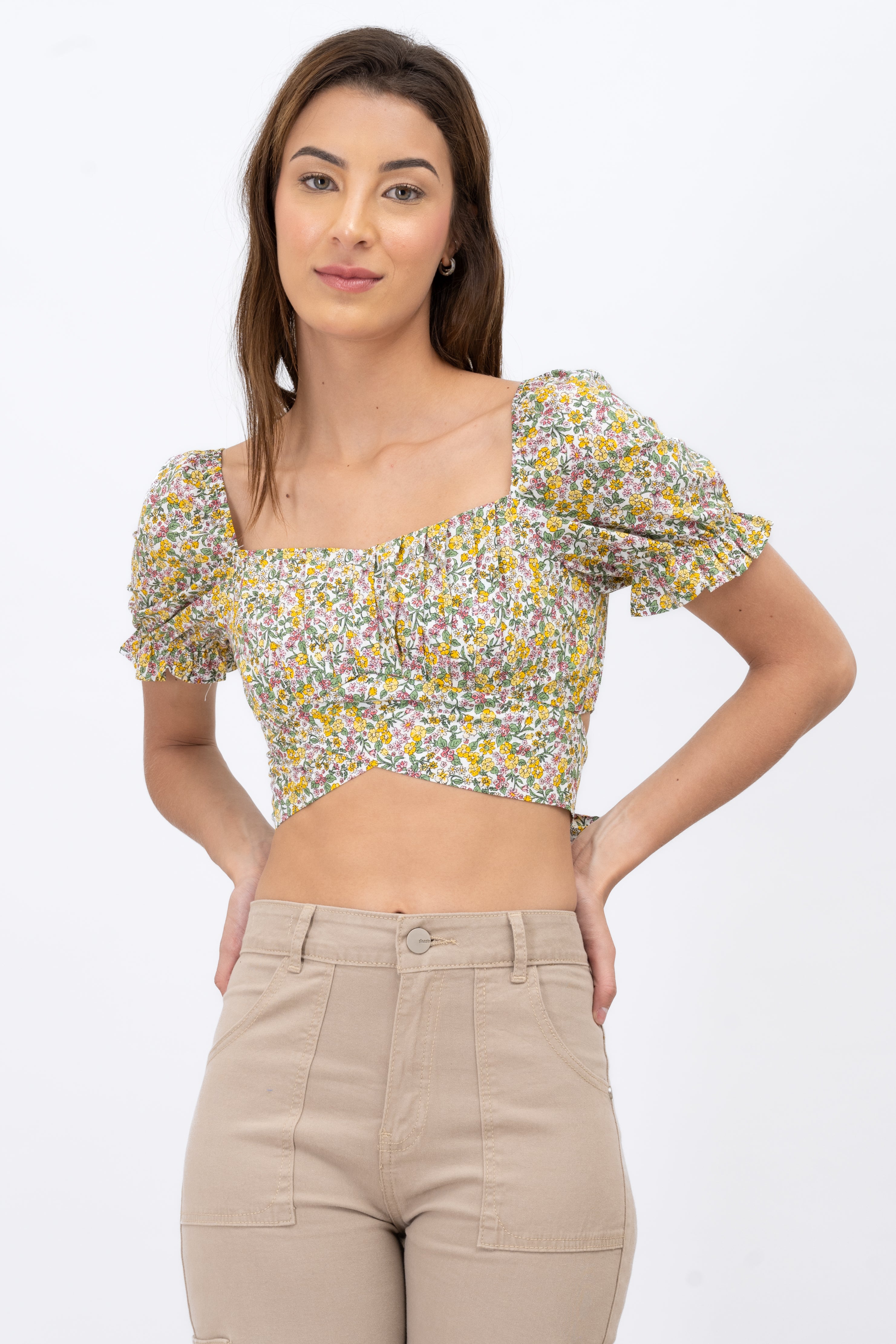 Top crop flores cintas AMARILLO COMBO