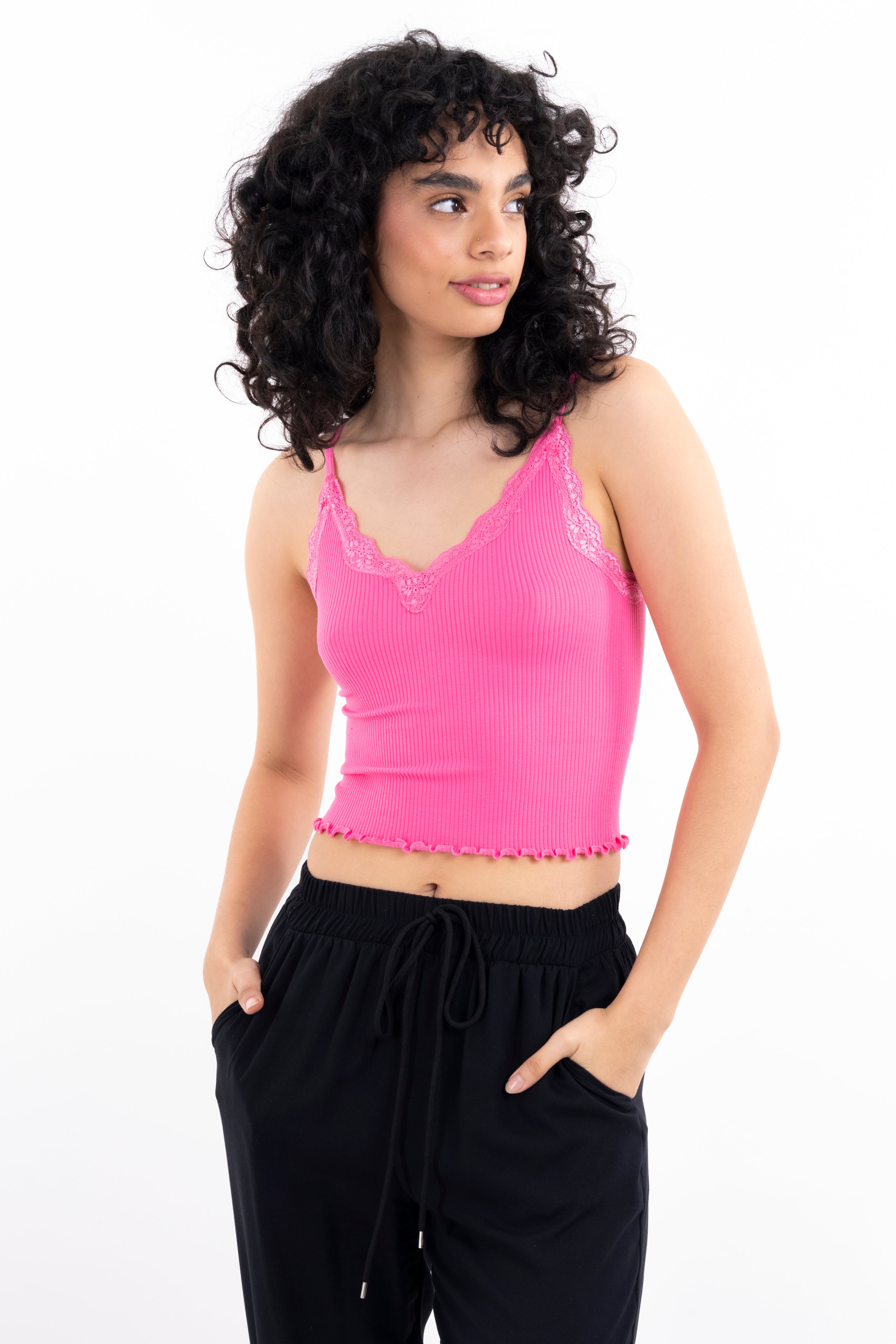 Top rib liso tirantes encaje ROSA