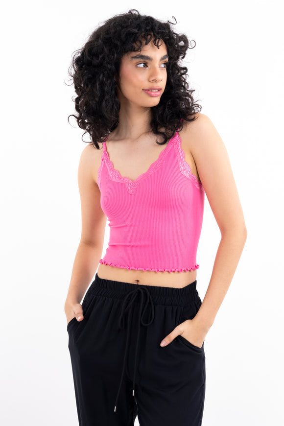 Top rib liso tirantes encaje