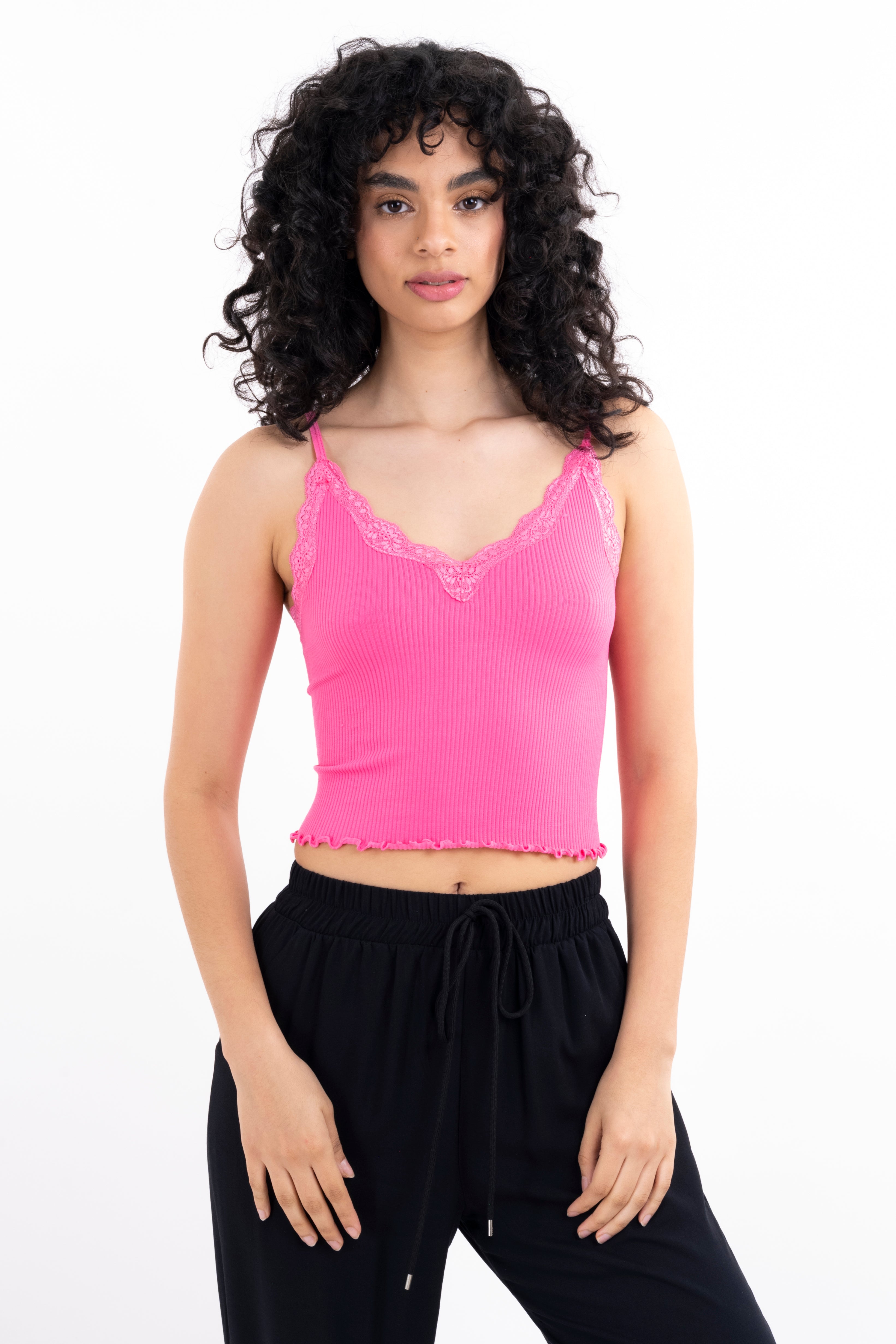 Top rib liso tirantes encaje ROSA