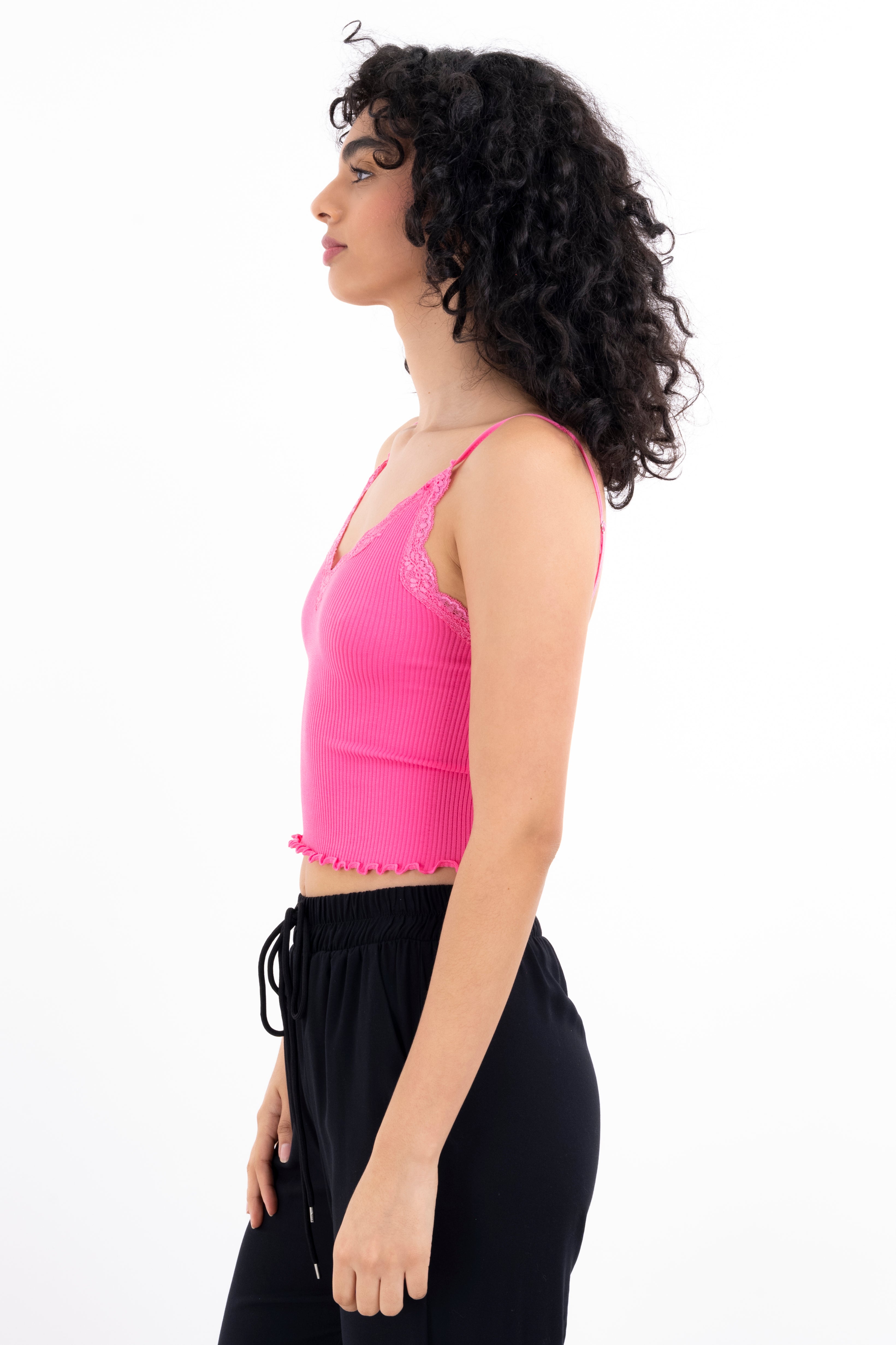Top rib liso tirantes encaje ROSA