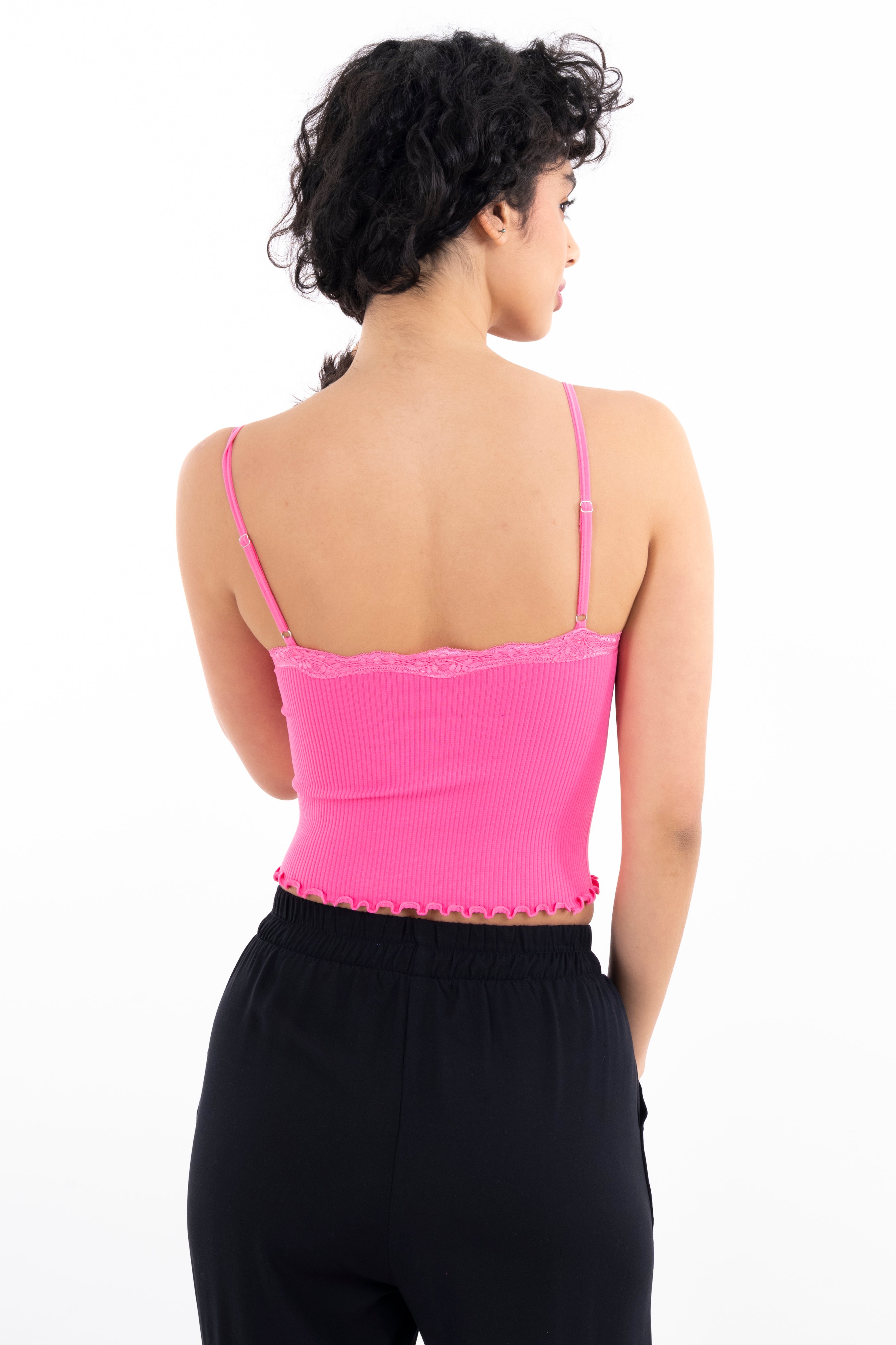 Top rib liso tirantes encaje ROSA