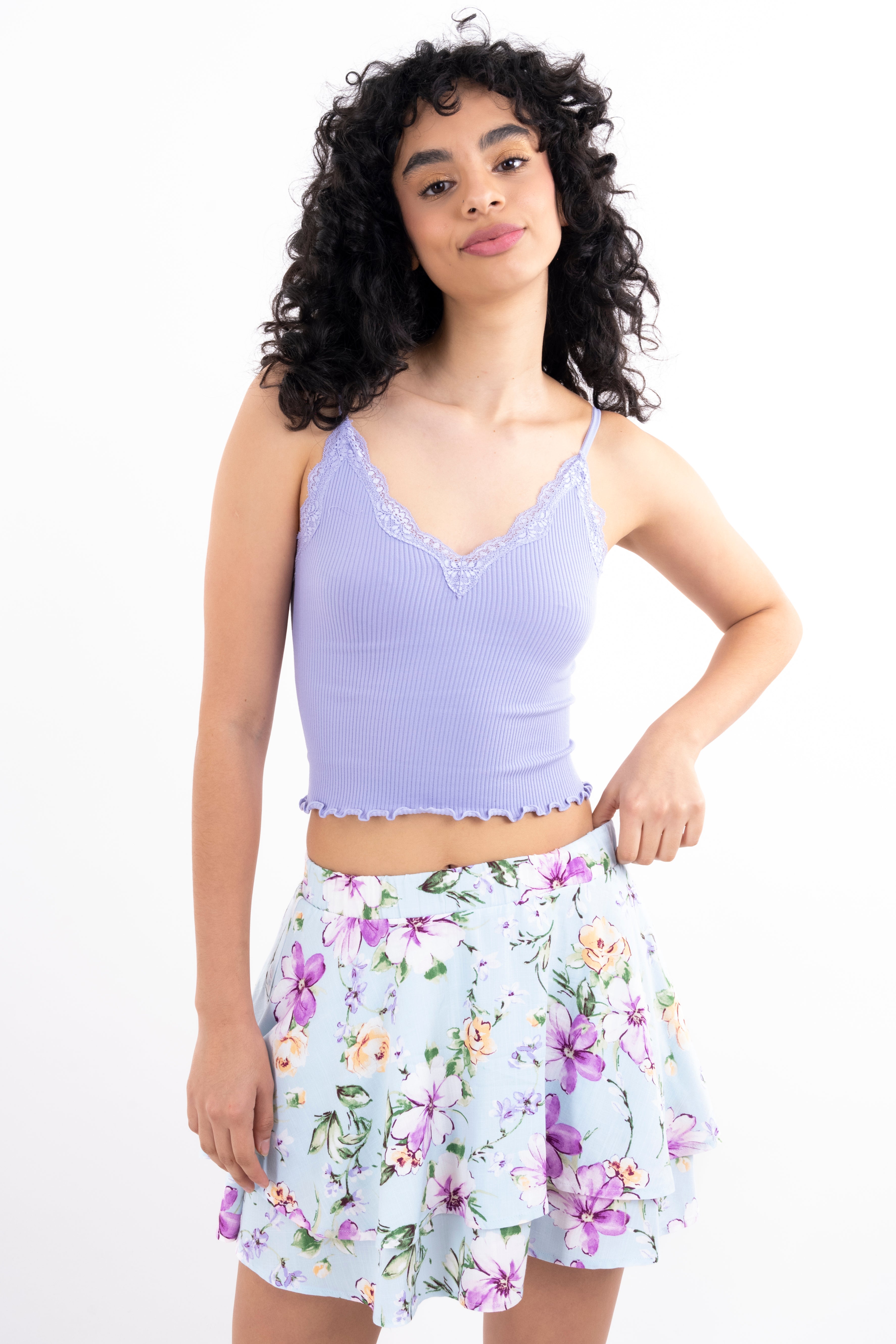 Top rib liso tirantes encaje LAVANDA