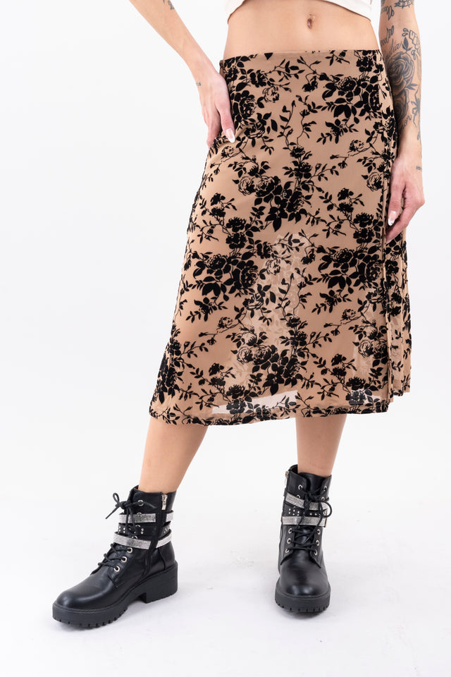 Falda midi flores flock