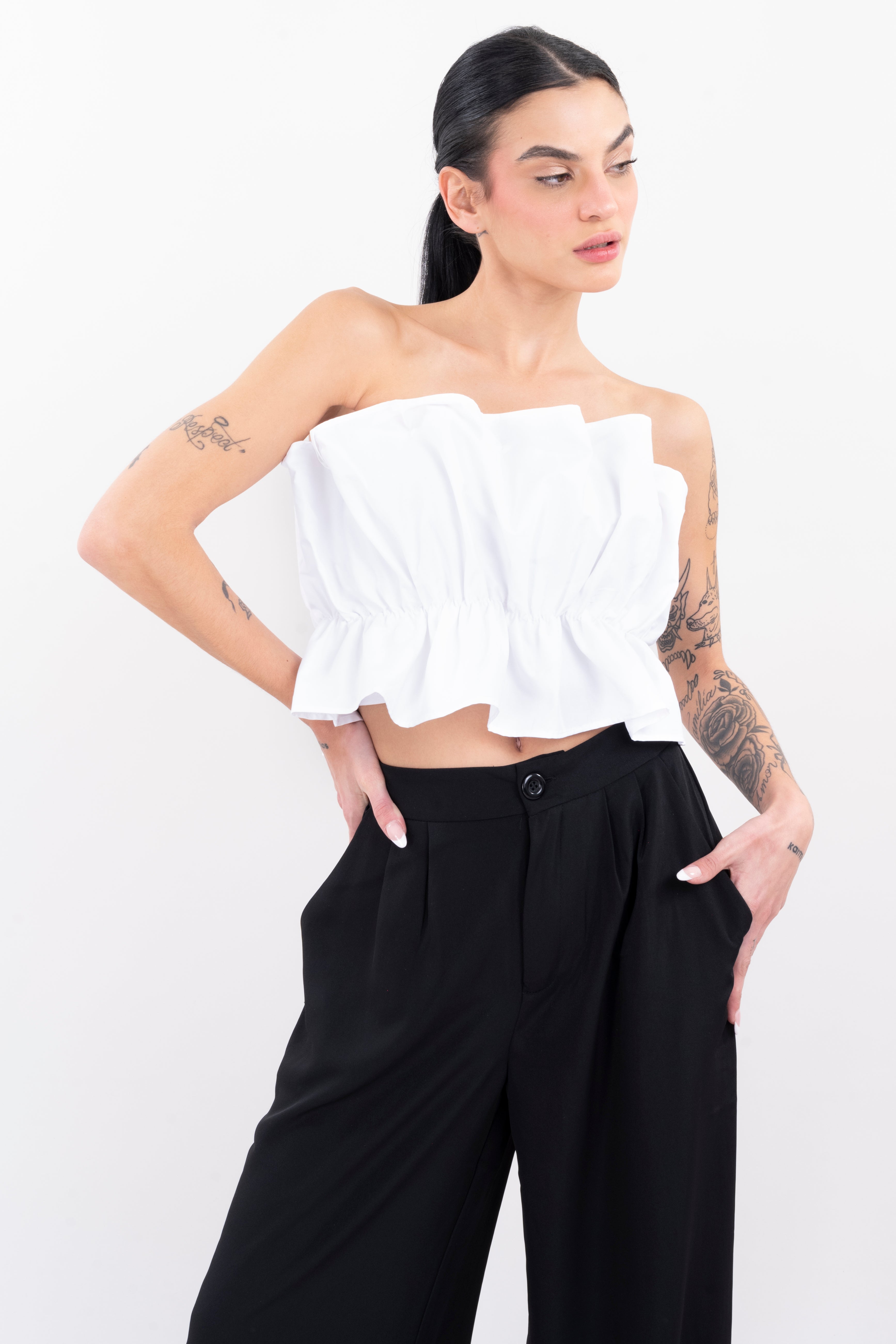 Top strapless liso fruncido BLANCO