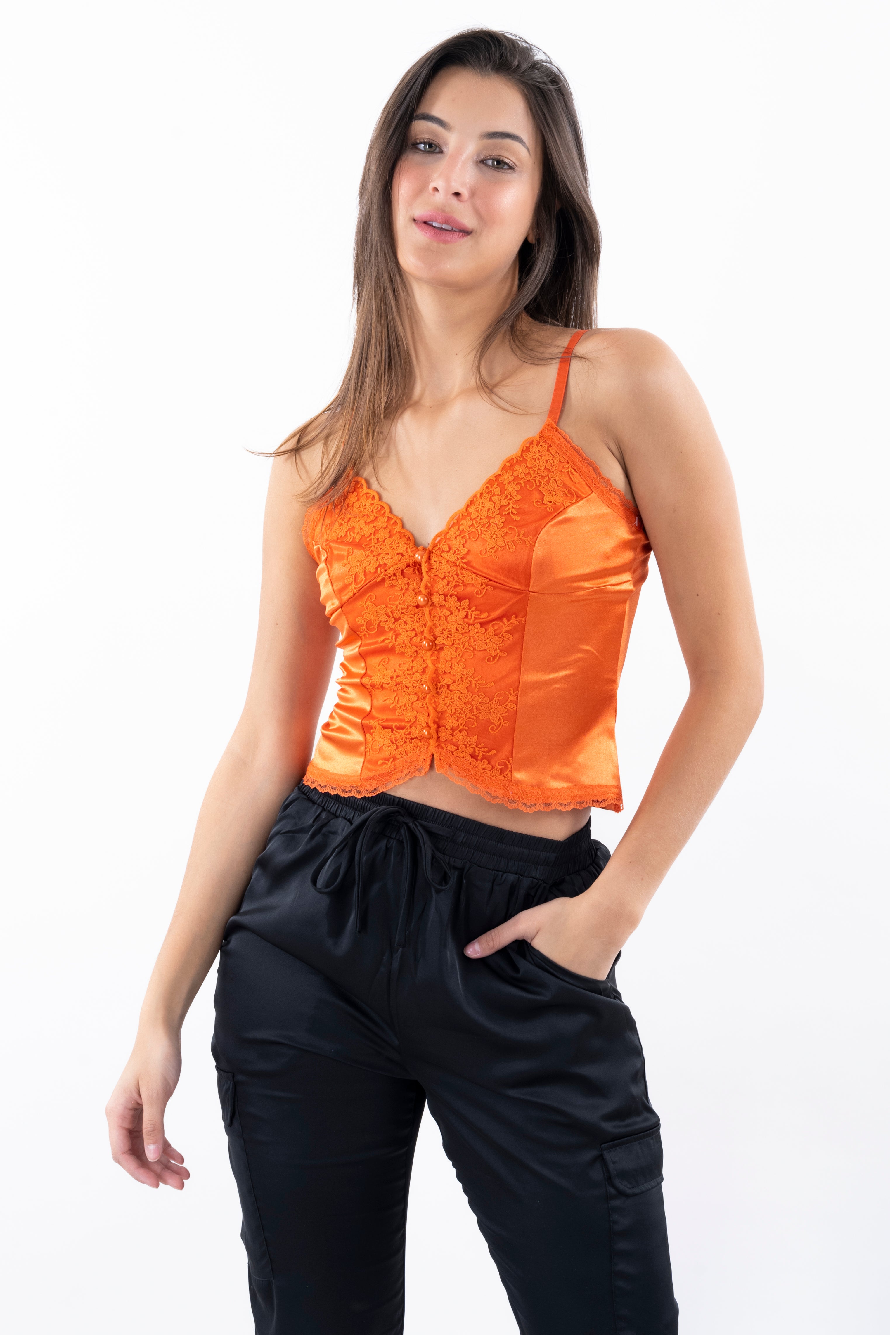 Top tirantes encaje satín botones NARANJA