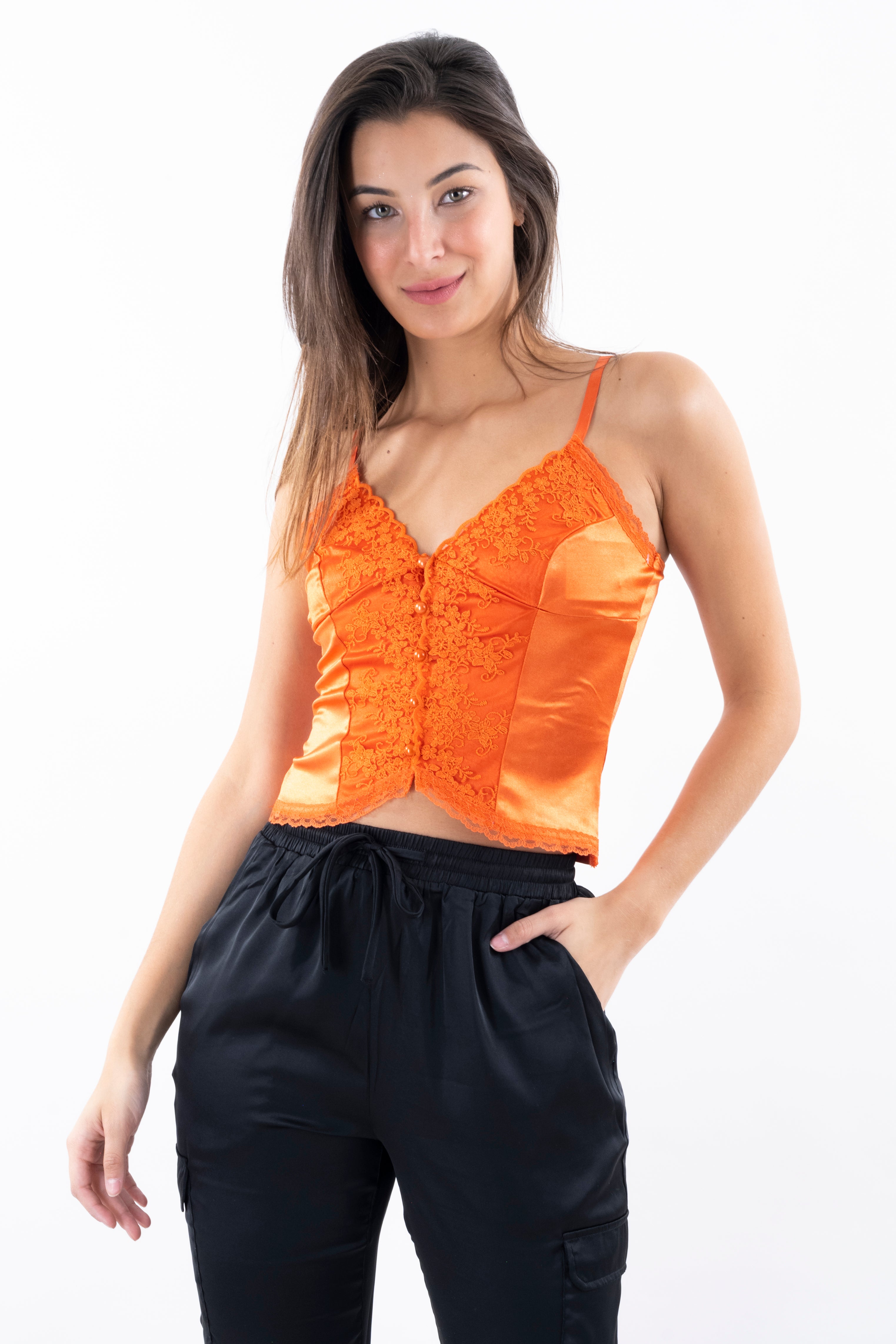 Top tirantes encaje satín botones NARANJA