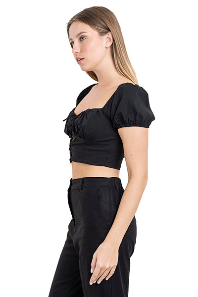 Top crop lace up monocolor NEGRO
