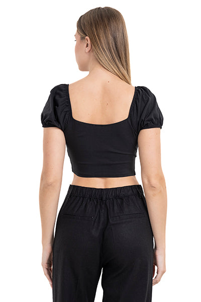 Top crop lace up monocolor NEGRO