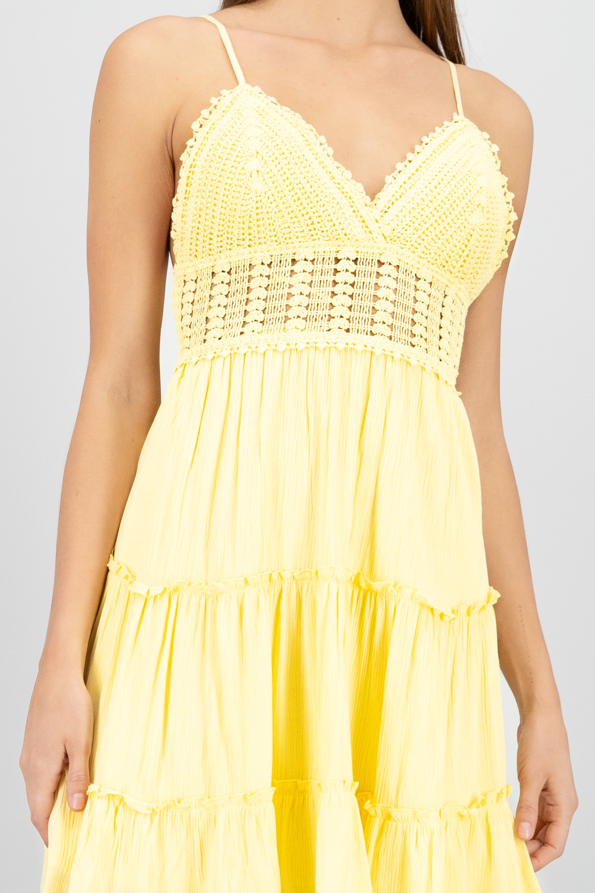 Vestido mini tirantes crochet AMARILLO