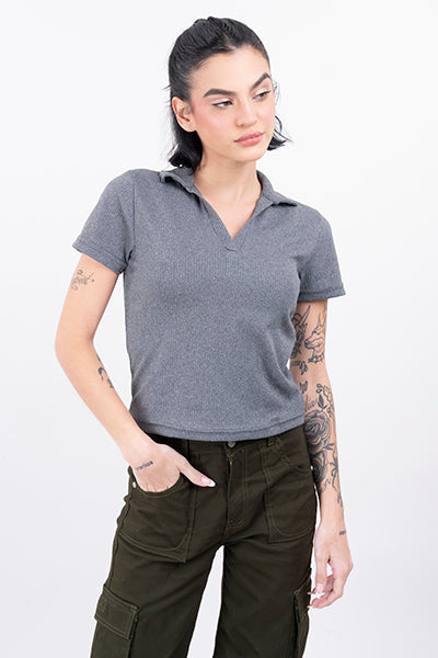 Top cuello polo acanalado GRIS