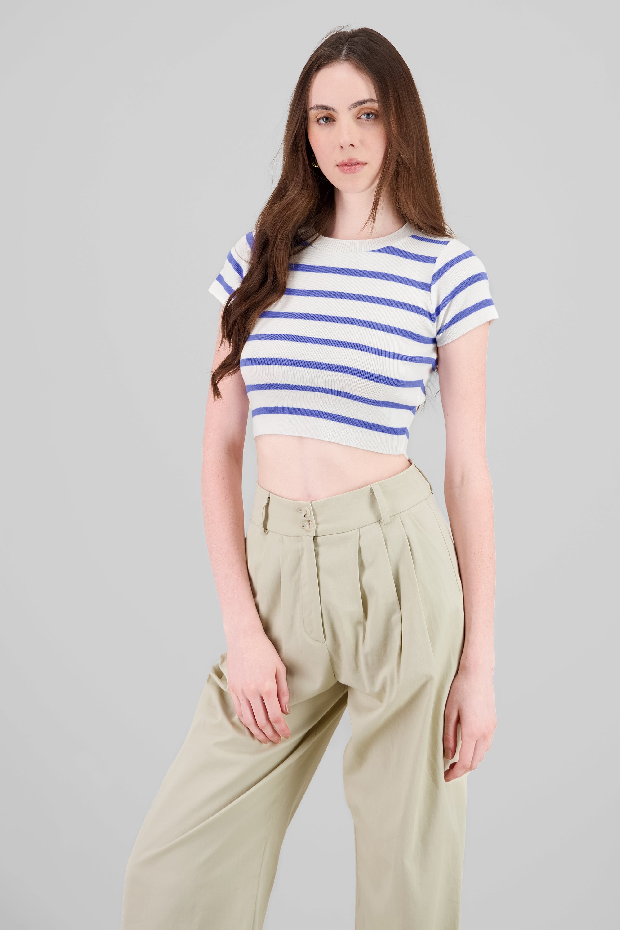 Top Crop Punto Manga Corta Rayas BLANCO COMBO