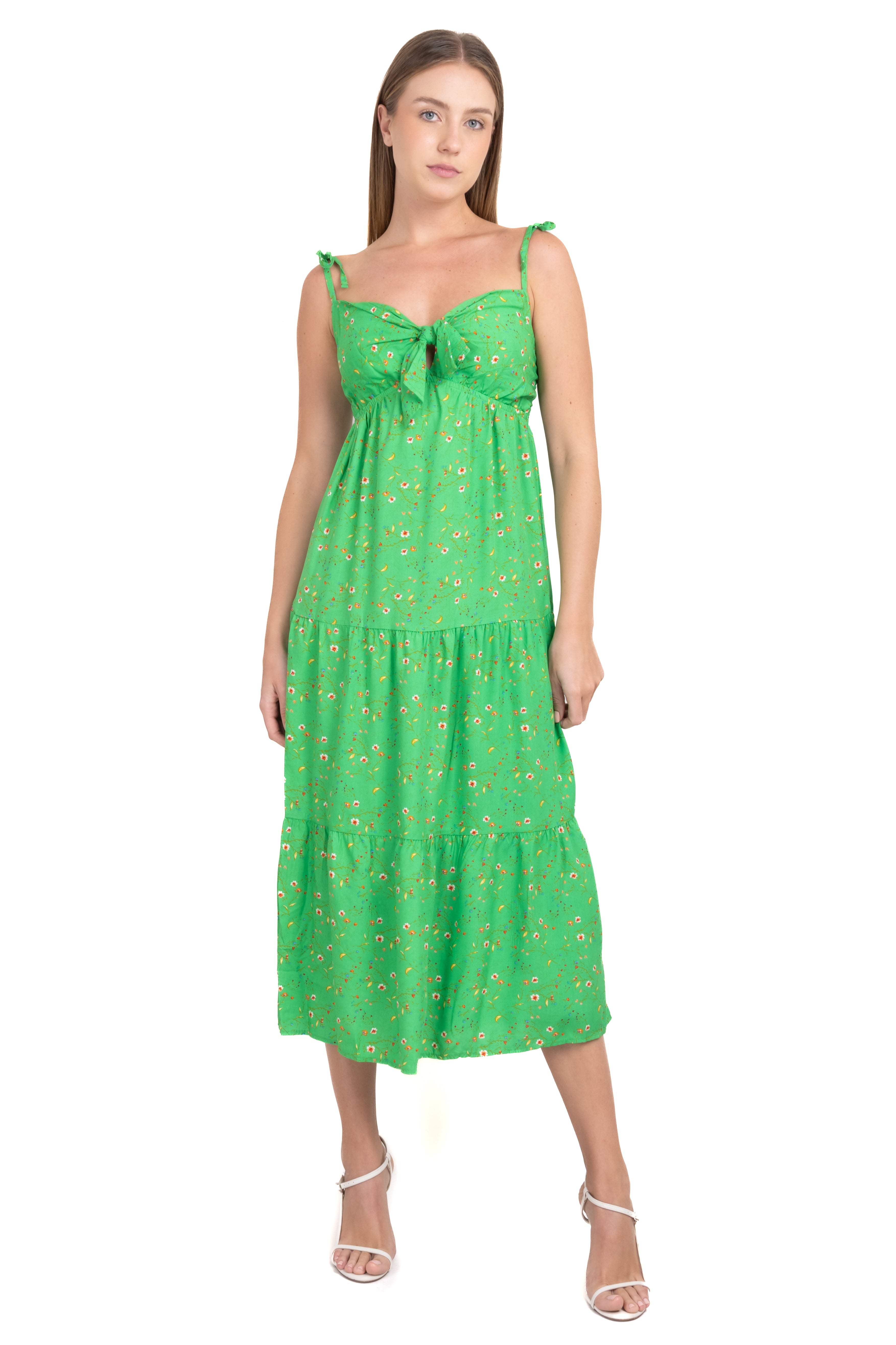 Vestido midi flores moño VERDE COMBO