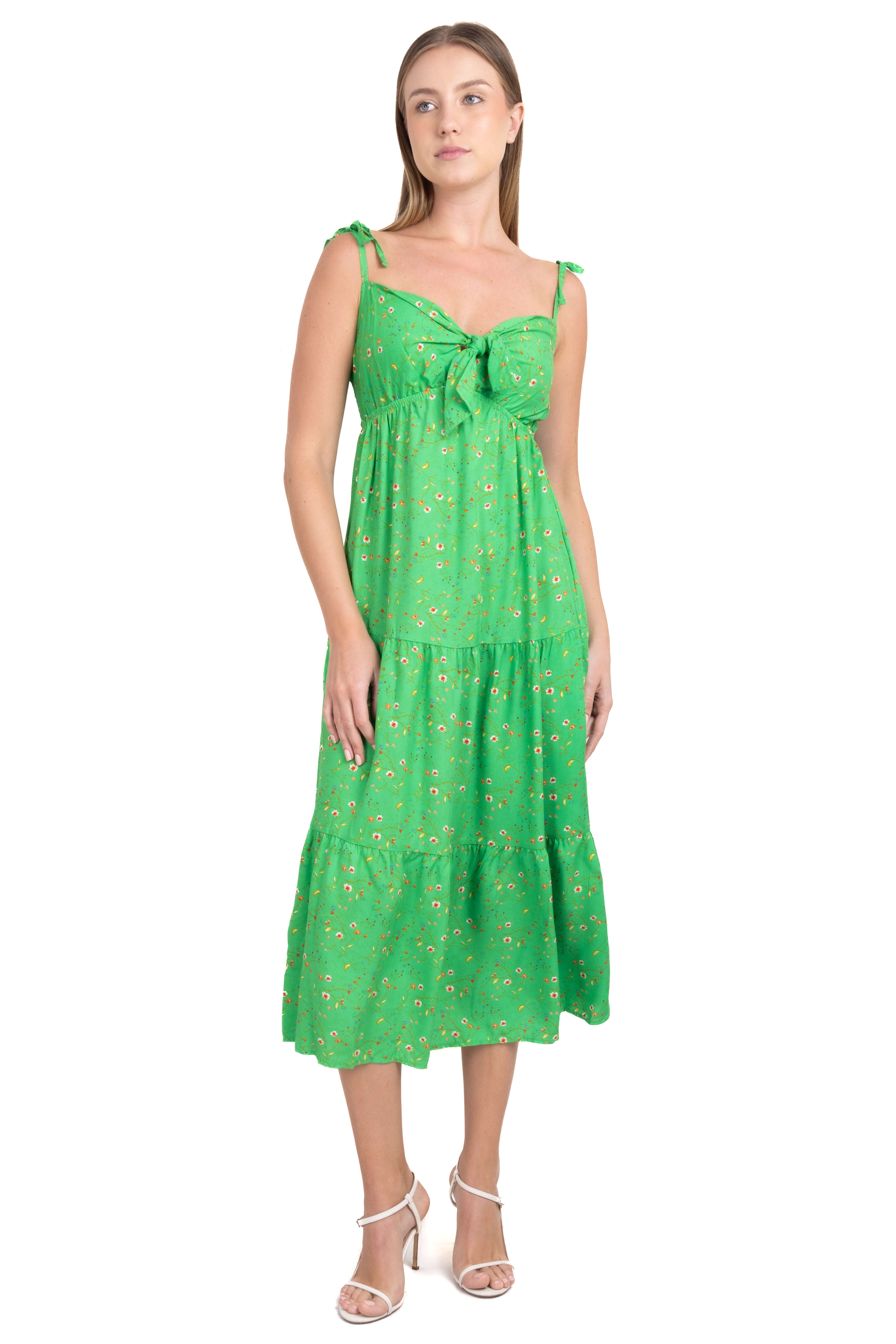 Vestido midi flores moño VERDE COMBO