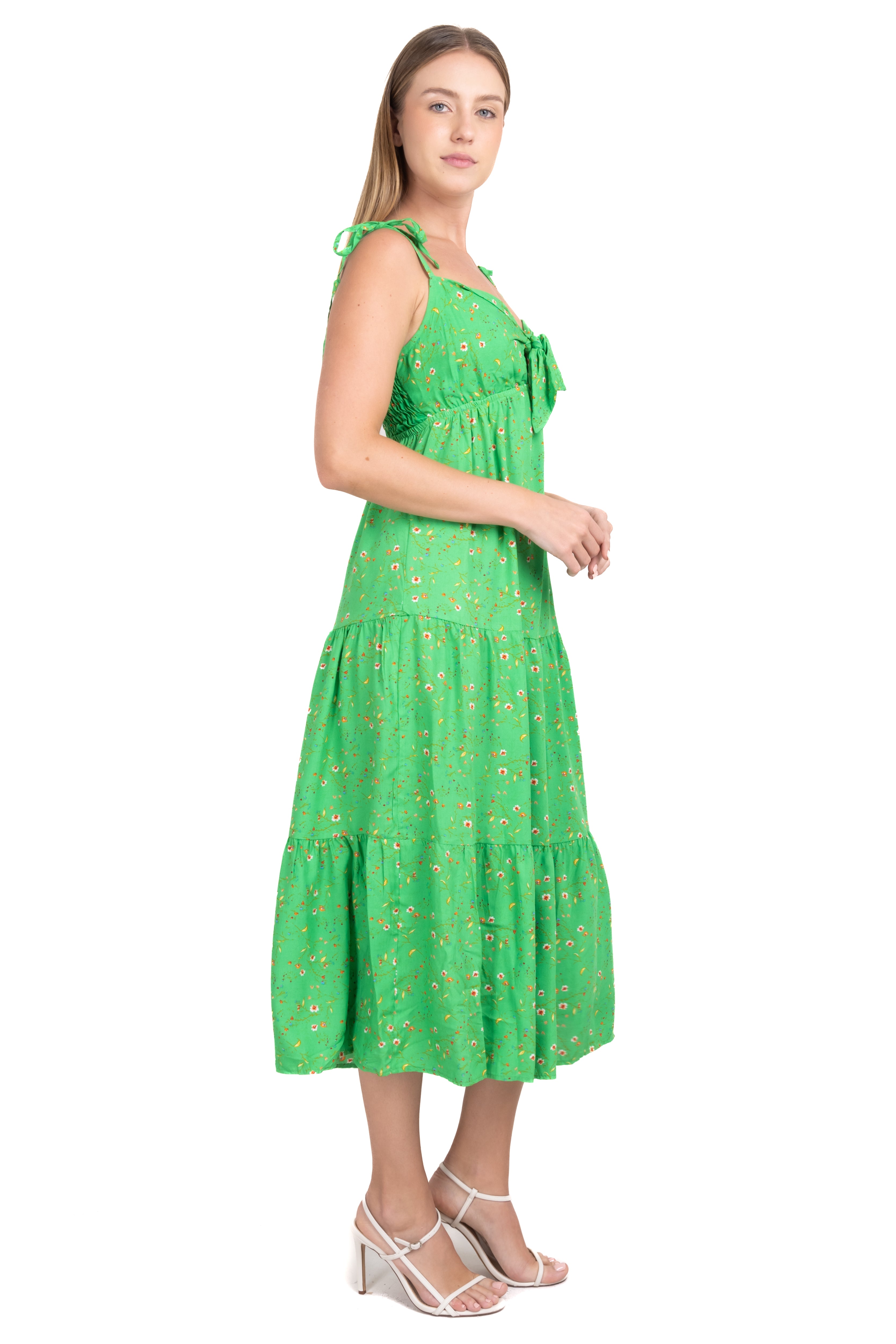 Vestido midi flores moño VERDE COMBO