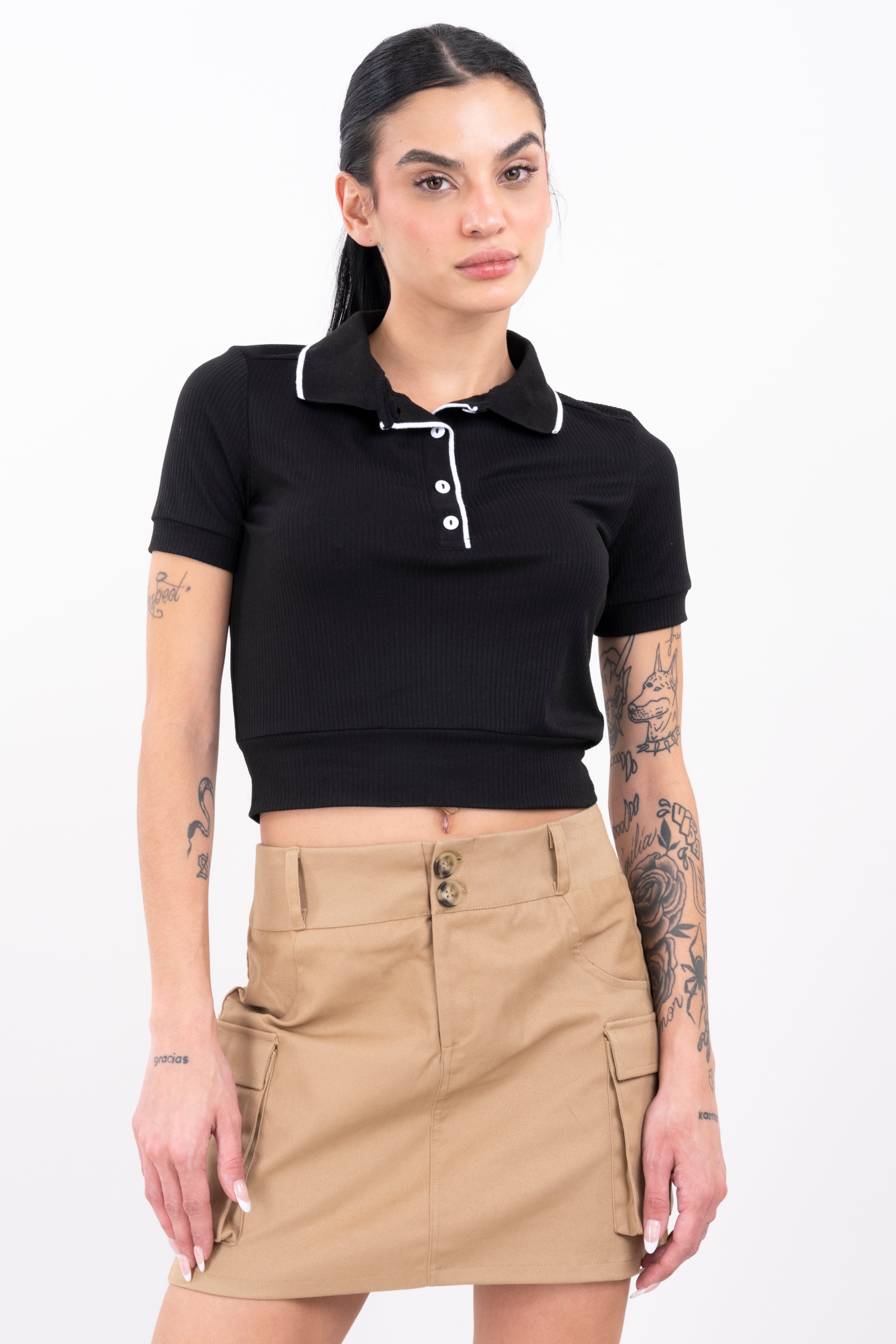 Top acanalado cuello polo NEGRO