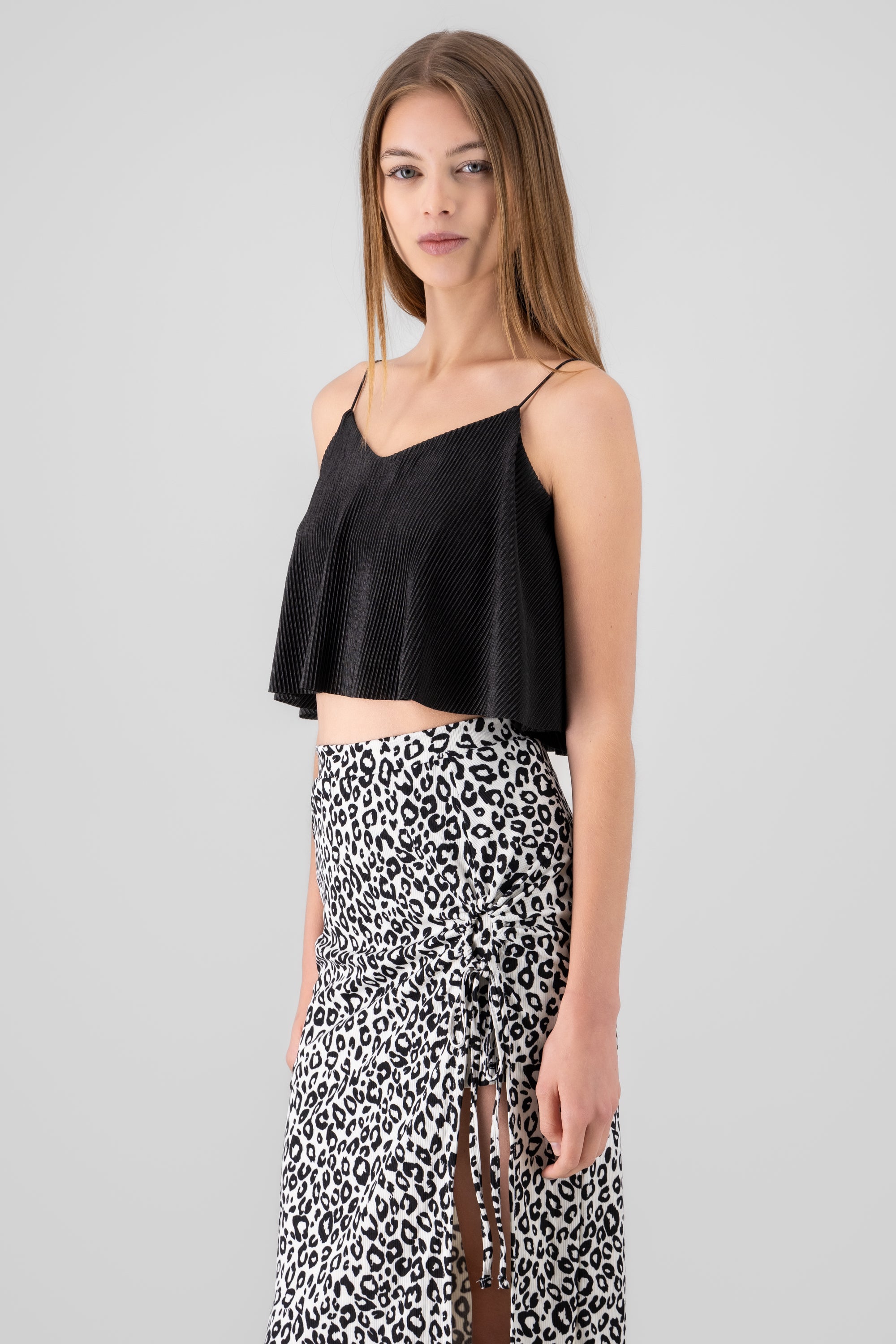 Top Crop Tejido Plisado Tirantes NEGRO